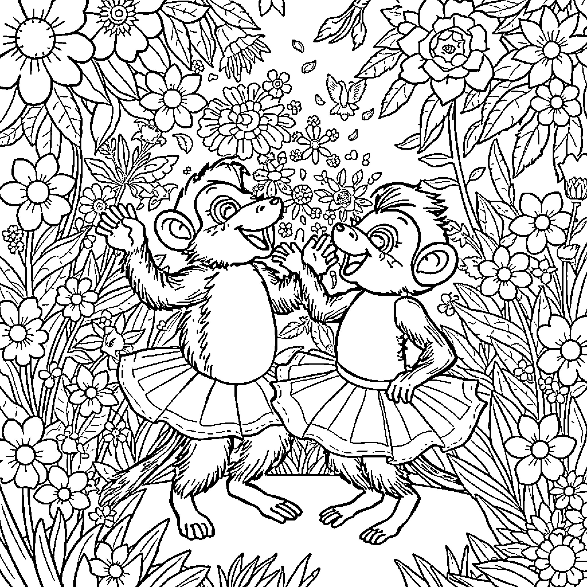 Tralalero Furry Friends Frolicking in Floral Frenzy Coloring Page (free black-and-white line drawing printable PDF for all, from beginners to advanced learners, including children, teens, adults, and seniors)