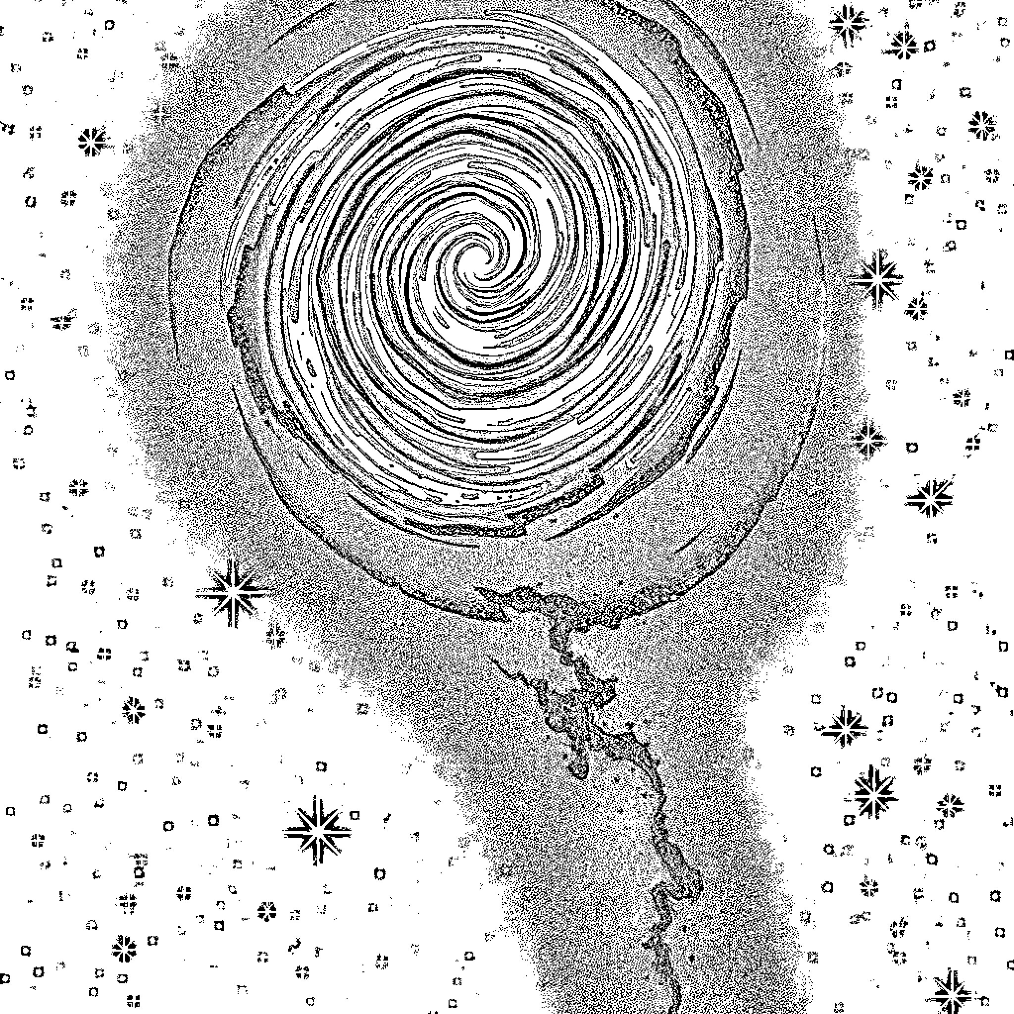 Galaxy of Spiraling Cosmic Patterns Coloring Page (free black-and-white line drawing printable PDF for all, from beginners to advanced learners, including children, teens, adults, and seniors)