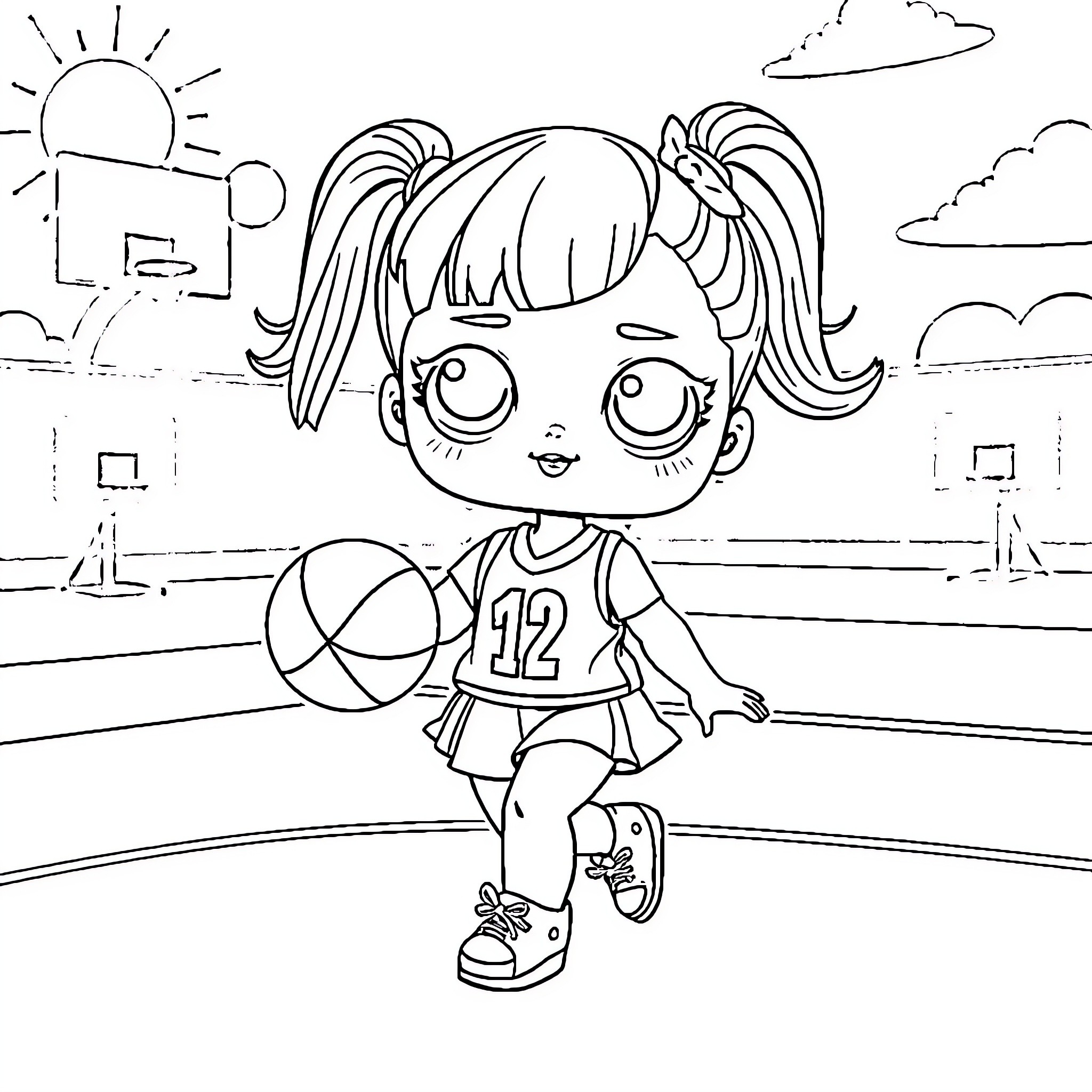 Lol Doll playing basketball on the court Coloring Page (free black-and-white line drawing printable PDF for all, from beginners to advanced learners, including children, teens, adults, and seniors)
