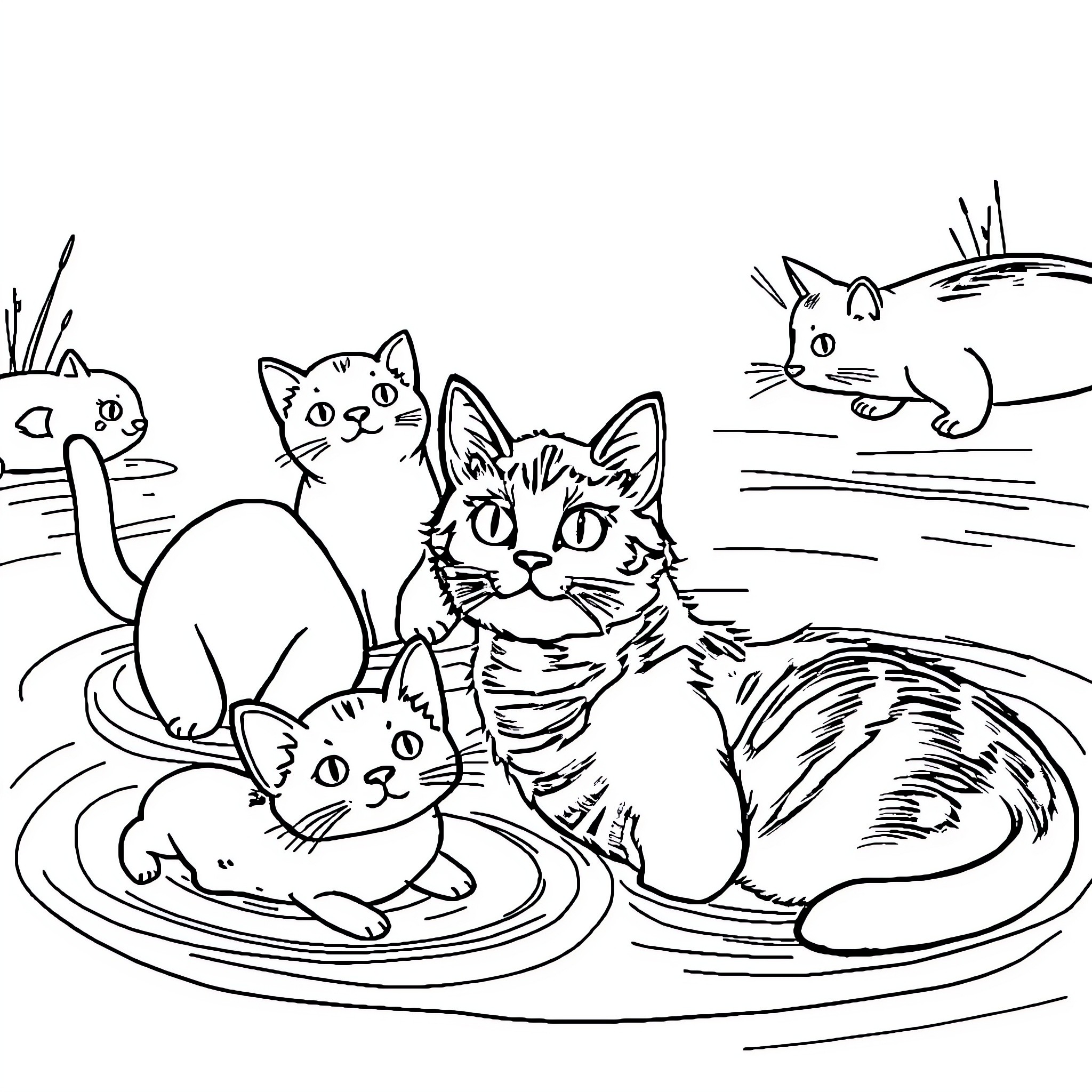 Mermaid Cats Relaxing in the Water Coloring Page (free black-and-white line drawing printable PDF for all, from beginners to advanced learners, including children, teens, adults, and seniors)