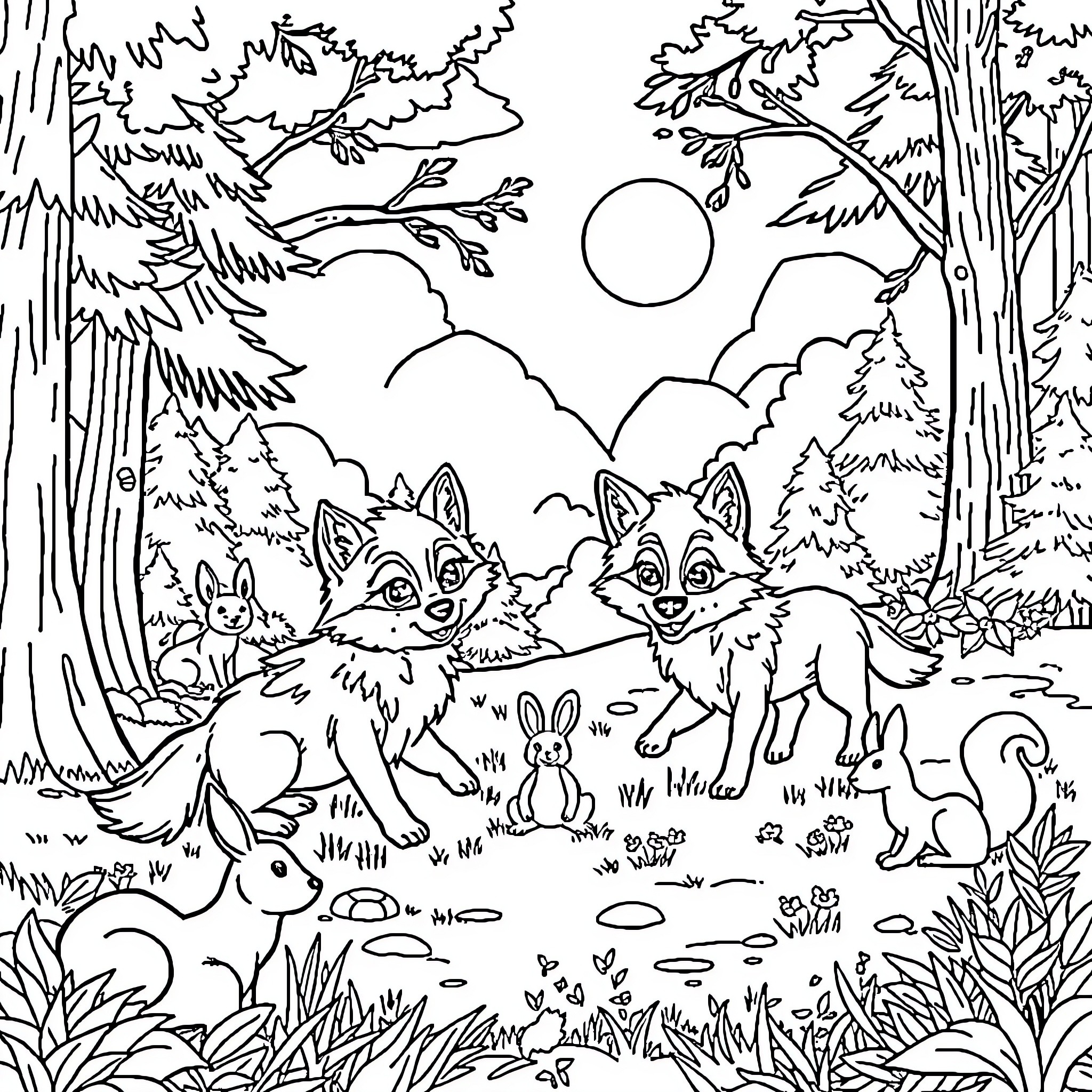 Wolf Pups Playing in the Forest Wilderness Coloring Page (free black-and-white line drawing printable PDF for all, from beginners to advanced learners, including children, teens, adults, and seniors)