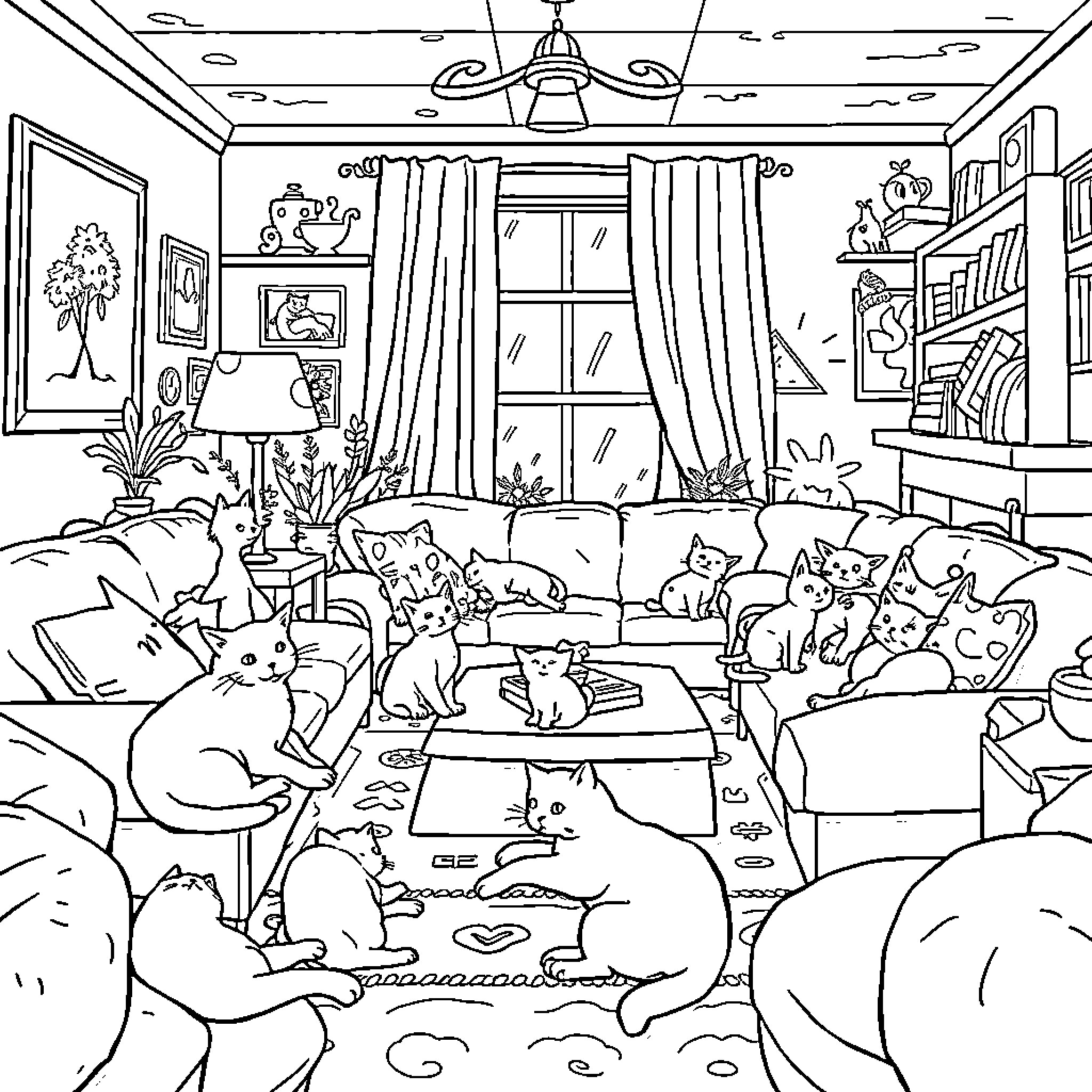 Cat Sanctuary: A Cozy Home for Feline Friends Coloring Page (free black-and-white line drawing printable PDF for all, from beginners to advanced learners, including children, teens, adults, and seniors)