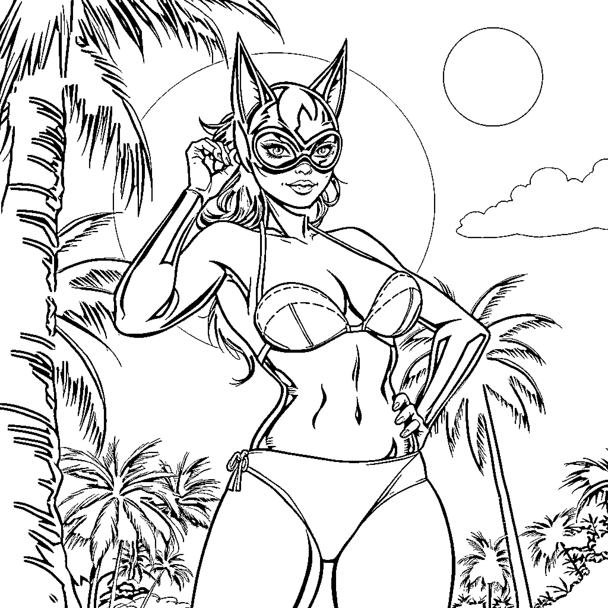Catwoman in a Tropical Paradise Coloring Page (free black-and-white line drawing printable PDF for all, from beginners to advanced learners, including children, teens, adults, and seniors)