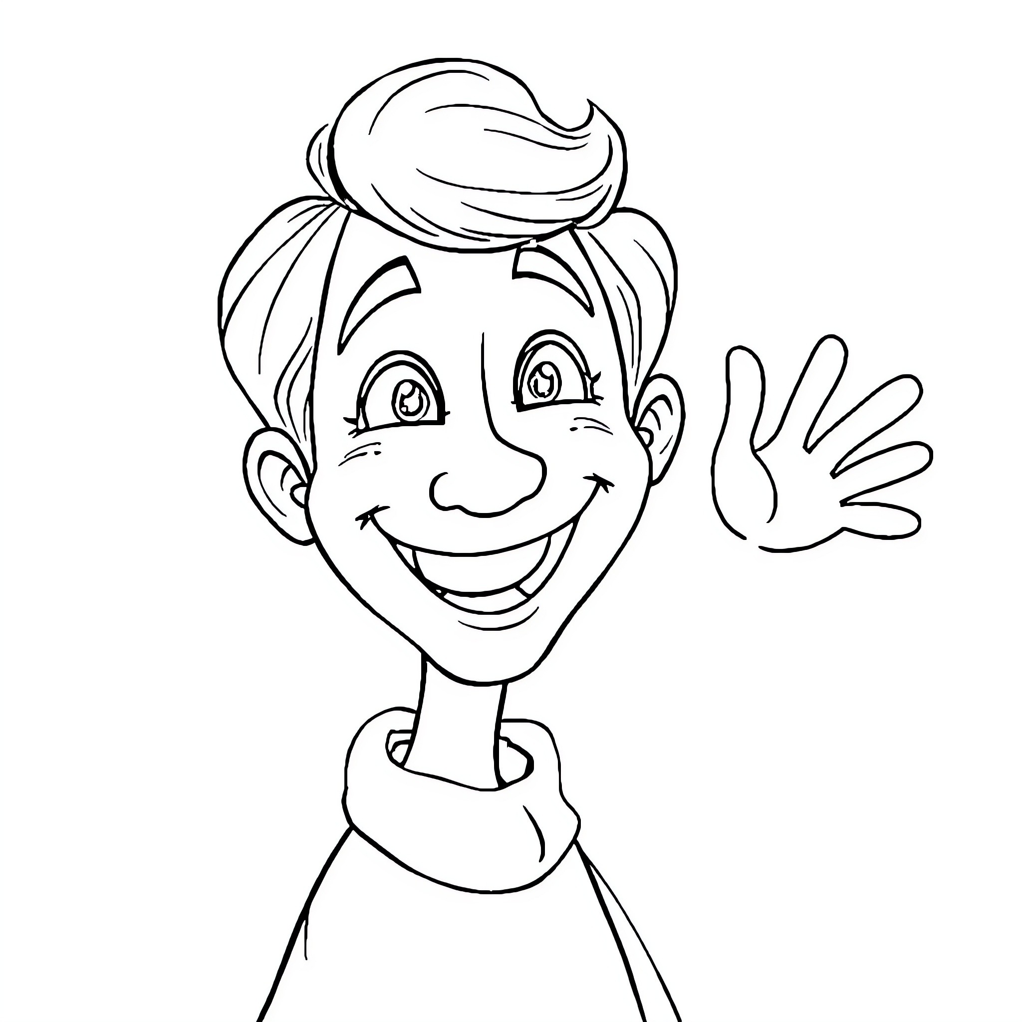 Hello, Cheerful Boy Waving Happily Coloring Page (free black-and-white line drawing printable PDF for all, from beginners to advanced learners, including children, teens, adults, and seniors)