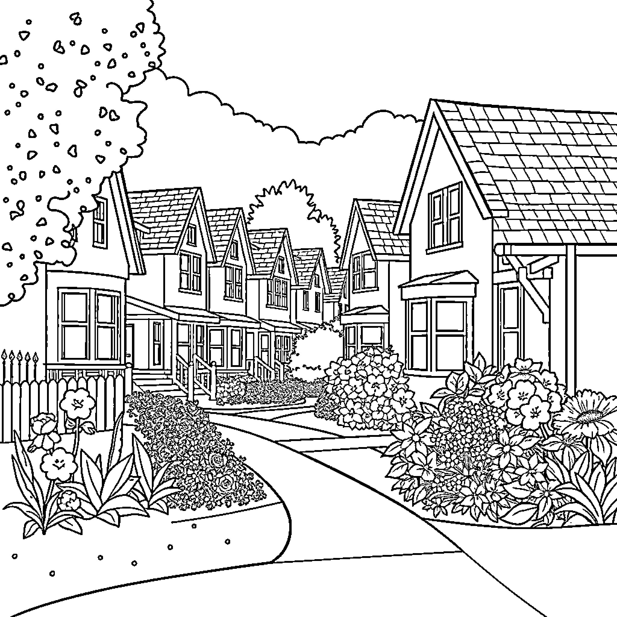 Houses on a Quiet Residential Street Coloring Page (free black-and-white line drawing printable PDF for all, from beginners to advanced learners, including children, teens, adults, and seniors)