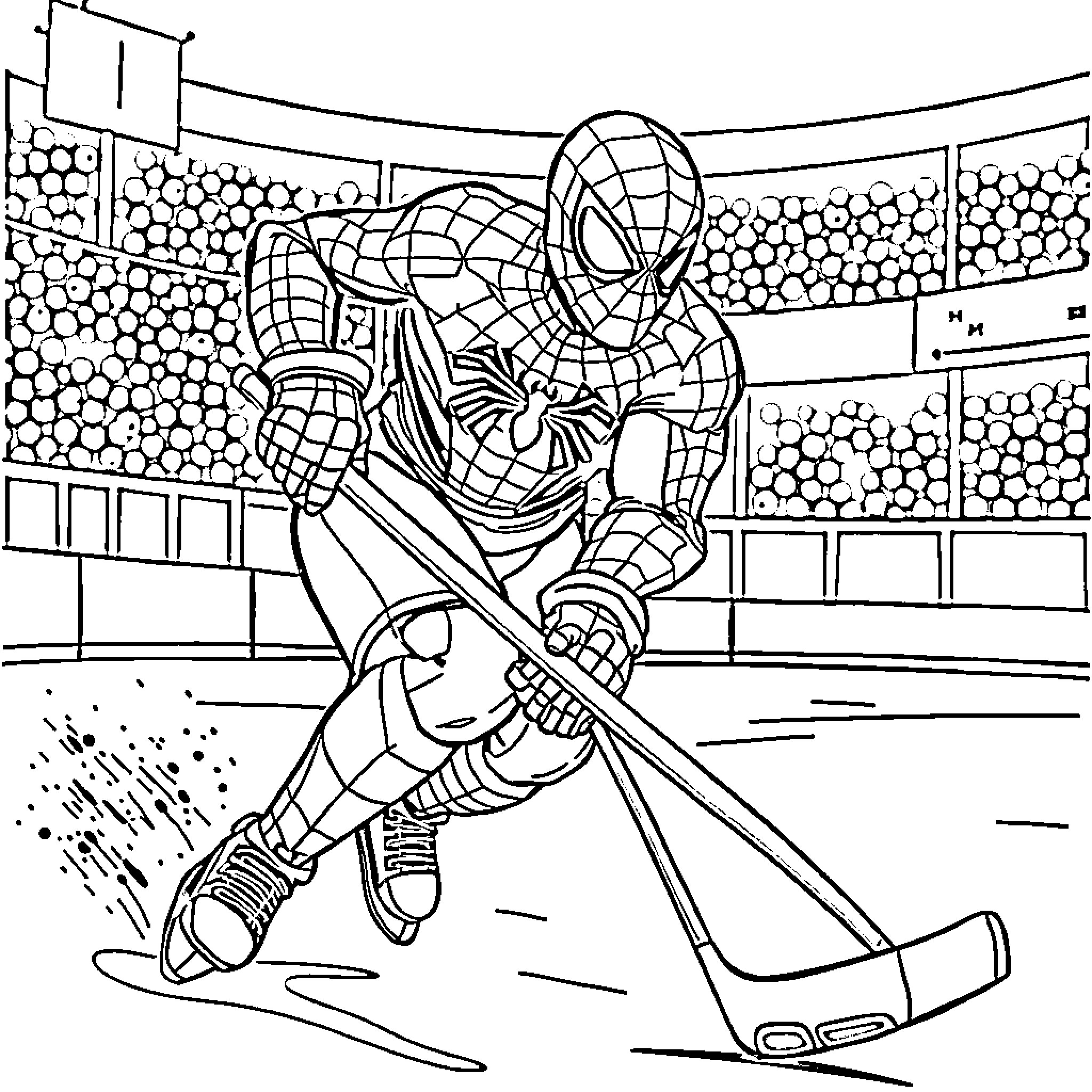 Spidey in action on the ice hockey rink Coloring Page (free black-and-white line drawing printable PDF for all, from beginners to advanced learners, including children, teens, adults, and seniors)