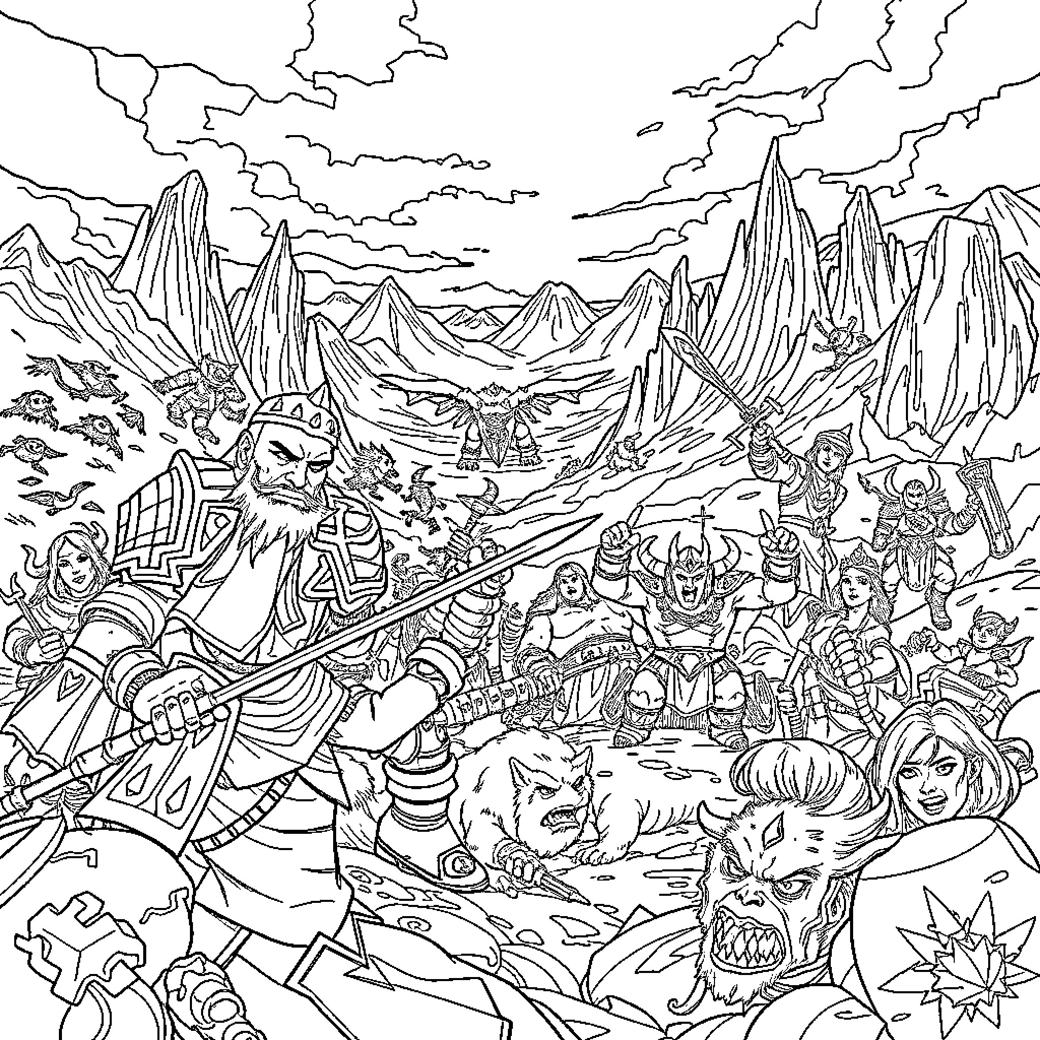 Horde of fantastical warriors in a chaotic battle scene Coloring Page (free black-and-white line drawing printable PDF for all, from beginners to advanced learners, including children, teens, adults, and seniors)
