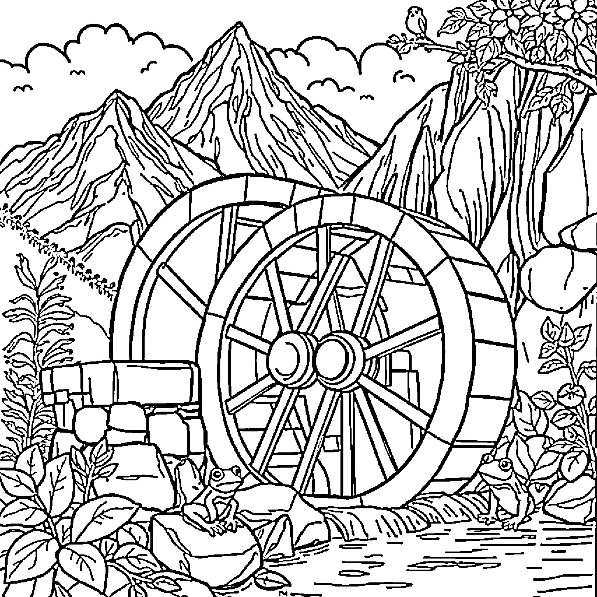 Water Wheel in Serene Mountain Landscape Coloring Page (free black-and-white line drawing printable PDF for all, from beginners to advanced learners, including children, teens, adults, and seniors)