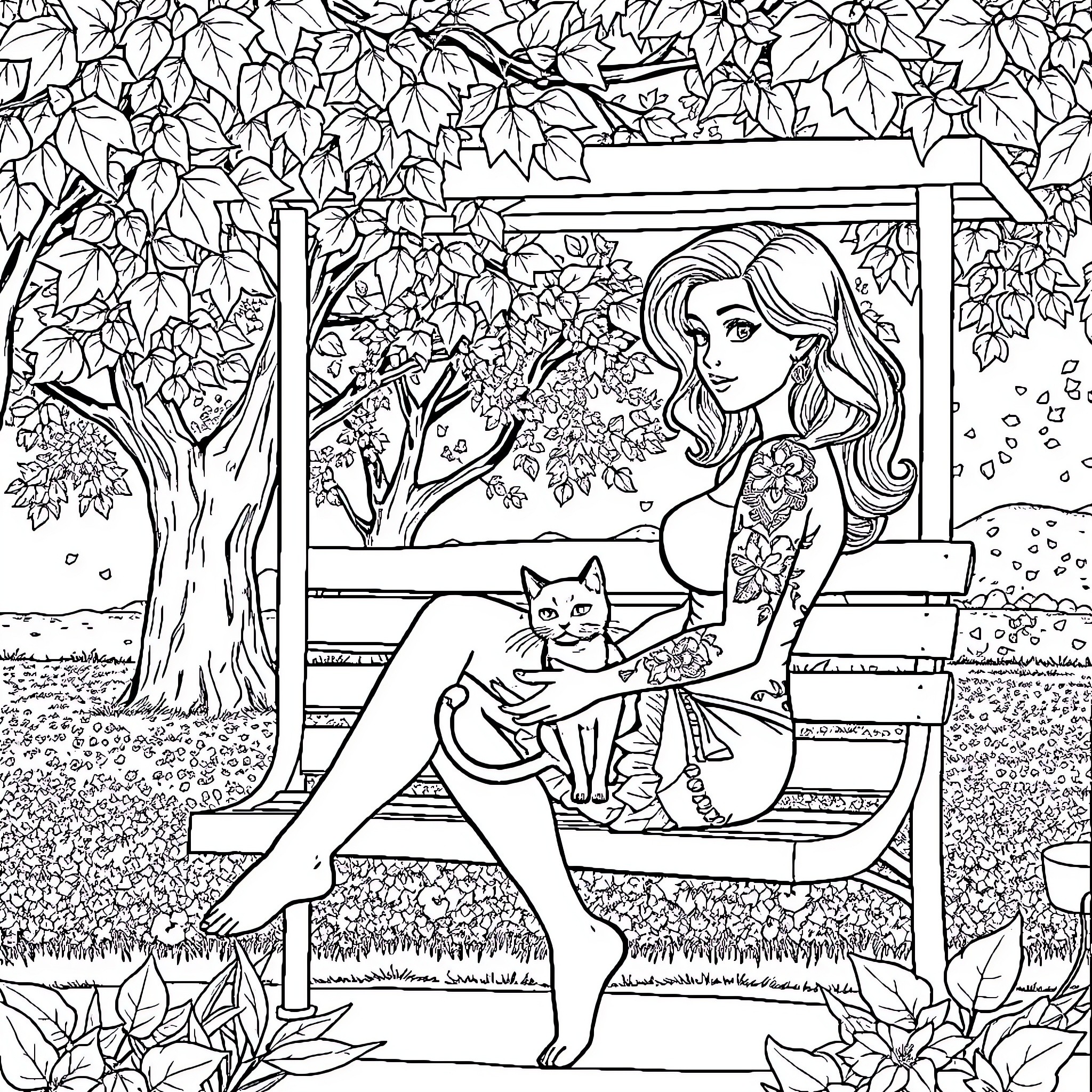 Girl Relaxing on Bench with Pet Cat in Leafy Garden Coloring Page (free black-and-white line drawing printable PDF for all, from beginners to advanced learners, including children, teens, adults, and seniors)