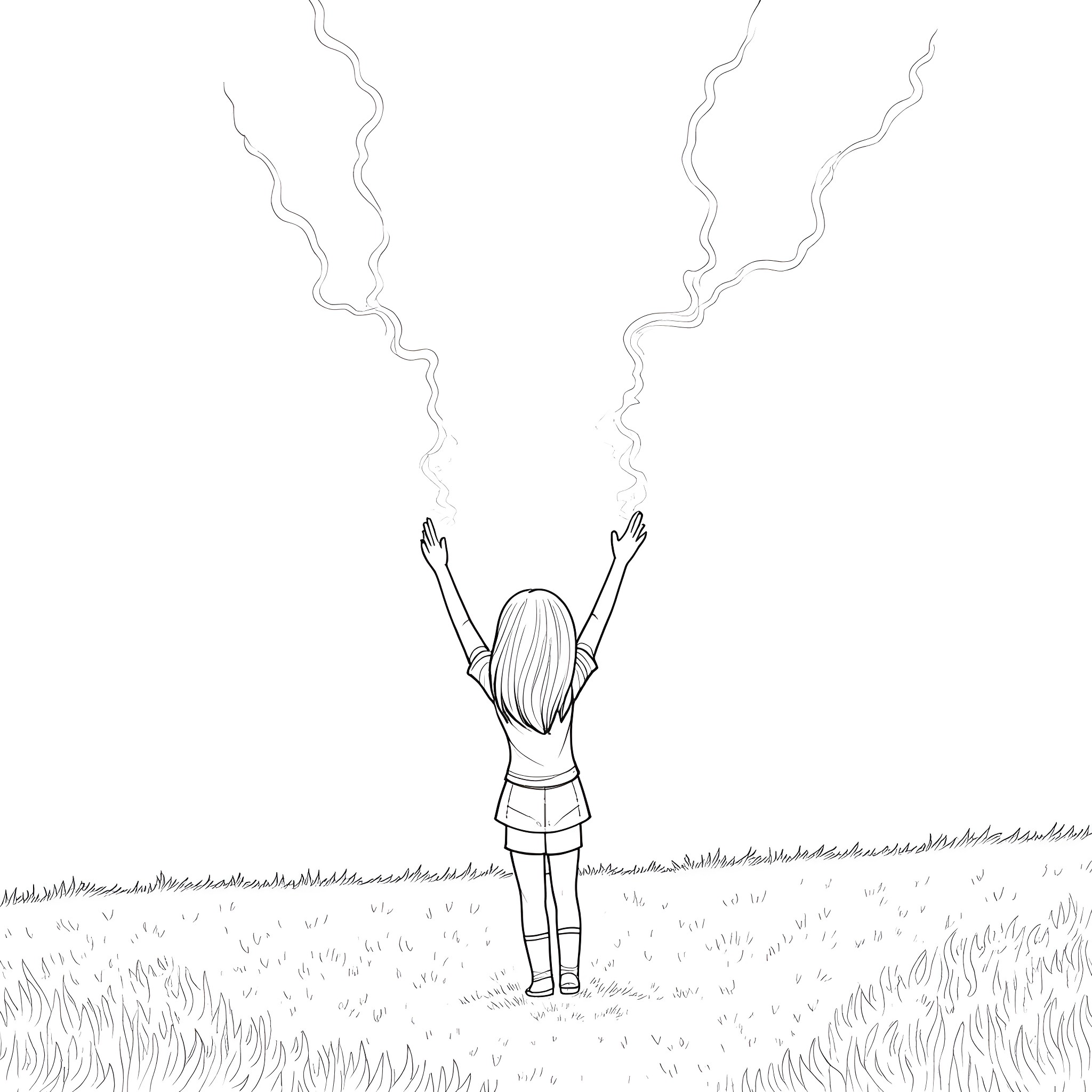 Girl enjoying the outdoors with arms raised Coloring Page (free black-and-white line drawing printable PDF for all, from beginners to advanced learners, including children, teens, adults, and seniors)
