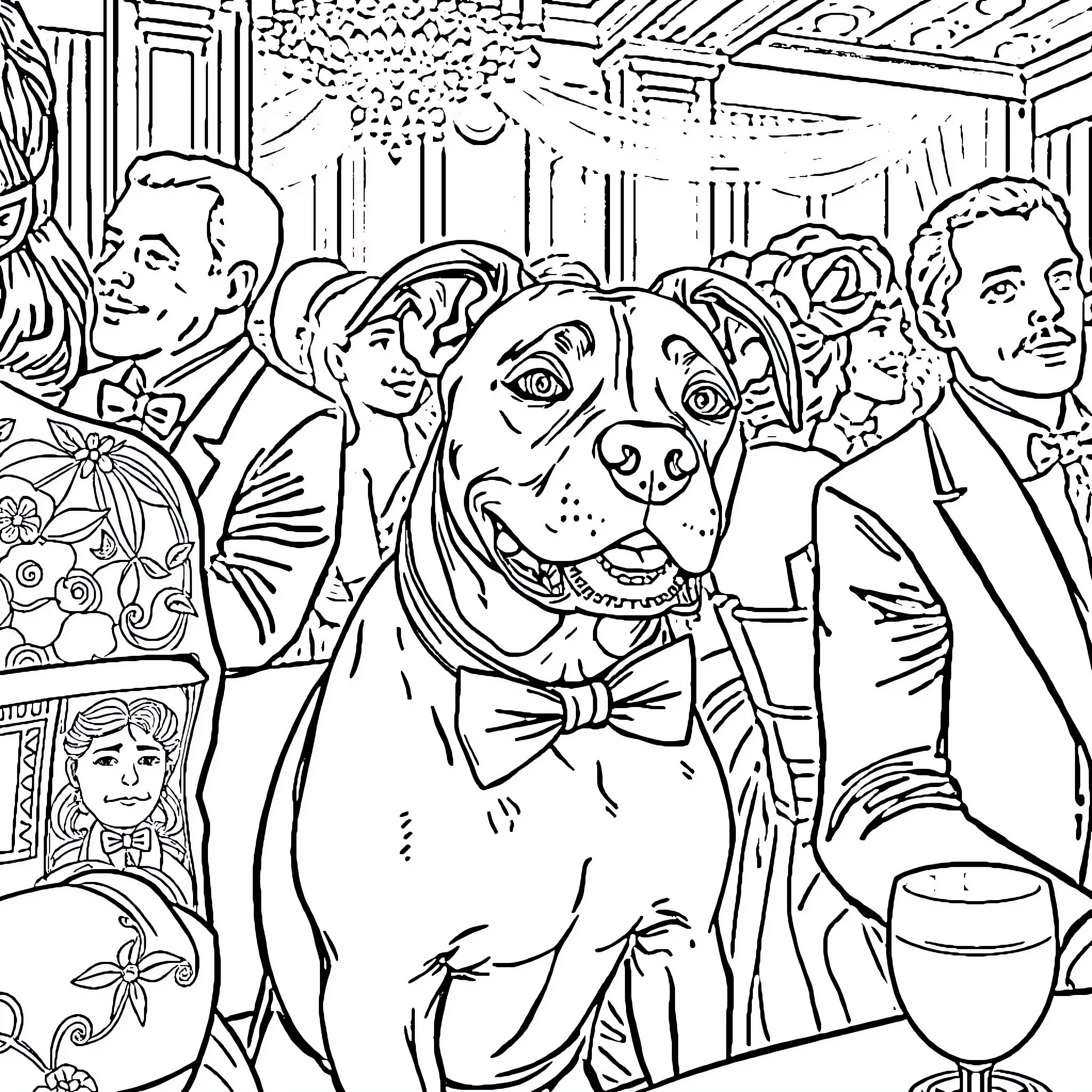 Dog attending a formal party with people Coloring Page (free black-and-white line drawing printable PDF for all, from beginners to advanced learners, including children, teens, adults, and seniors)