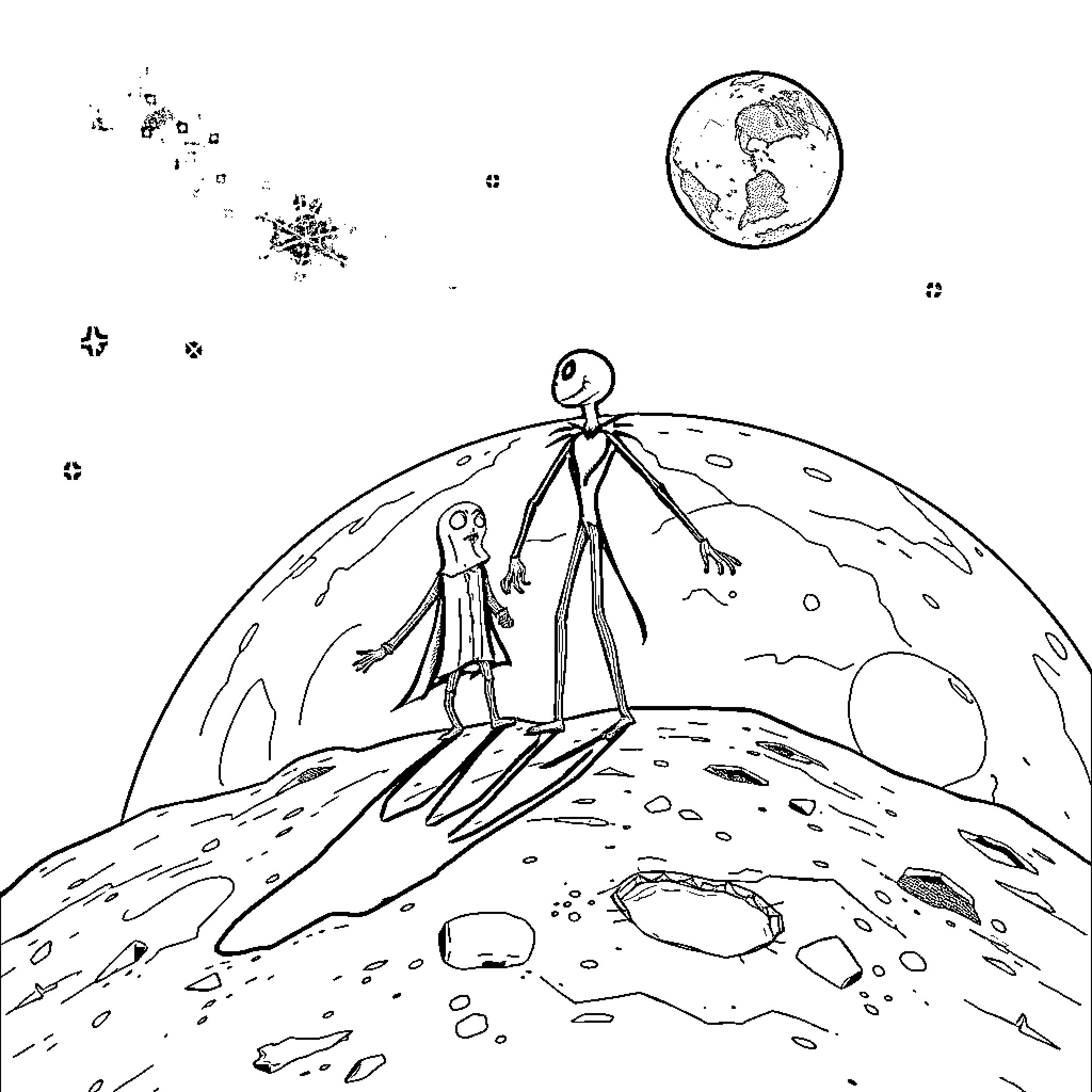 Jack Skellington's fantastical moonlit adventure Coloring Page (free black-and-white line drawing printable PDF for all, from beginners to advanced learners, including children, teens, adults, and seniors)