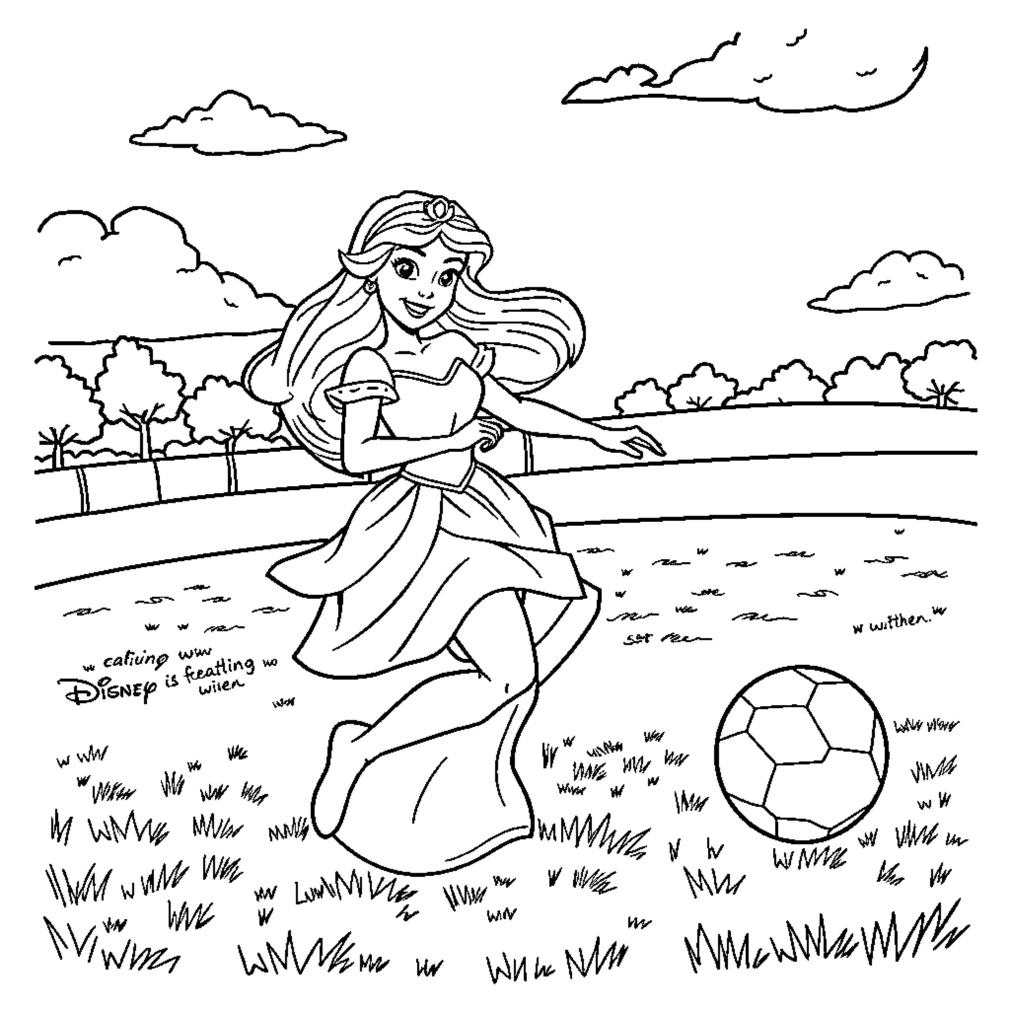 Princess playing with a soccer ball in a scenic field Coloring Page (free black-and-white line drawing printable PDF for all, from beginners to advanced learners, including children, teens, adults, and seniors)