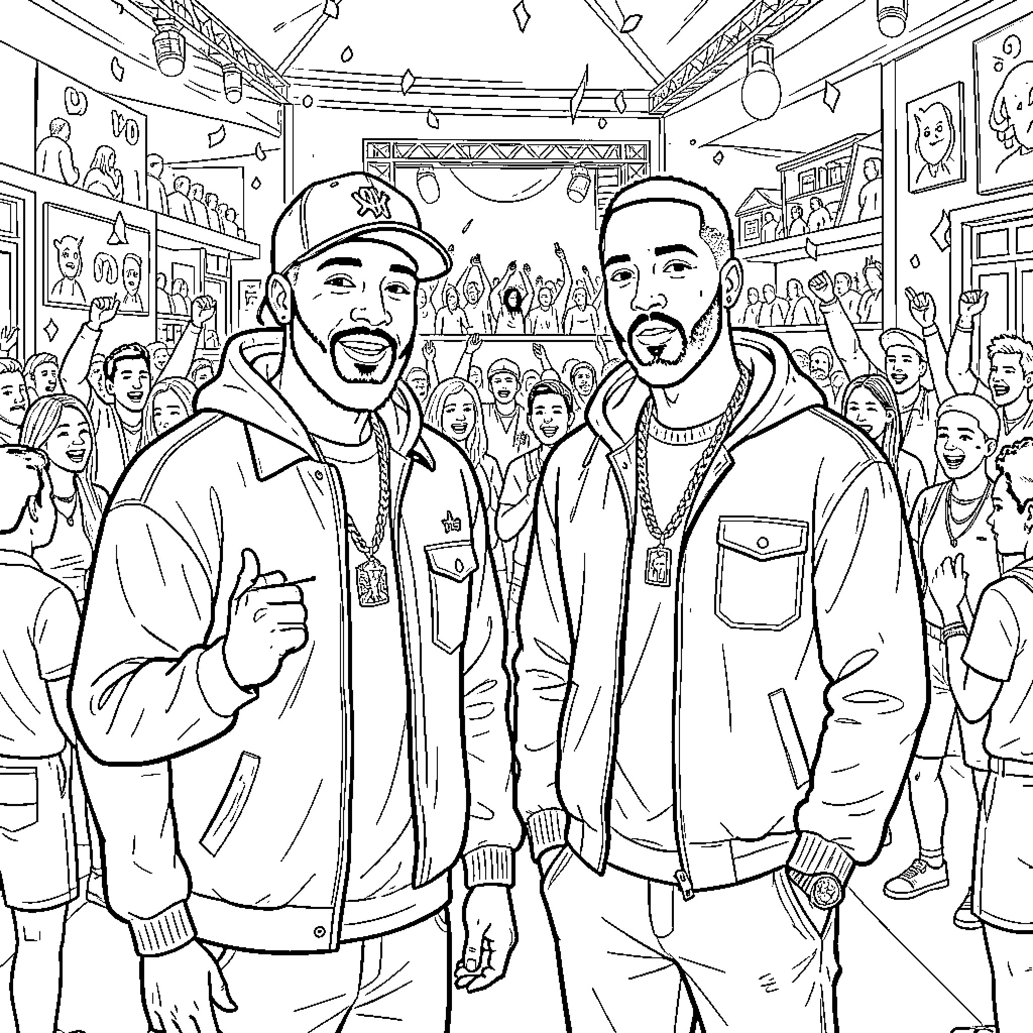 Ishowspeed and friends posing in a crowded room Coloring Page (free black-and-white line drawing printable PDF for all, from beginners to advanced learners, including children, teens, adults, and seniors)