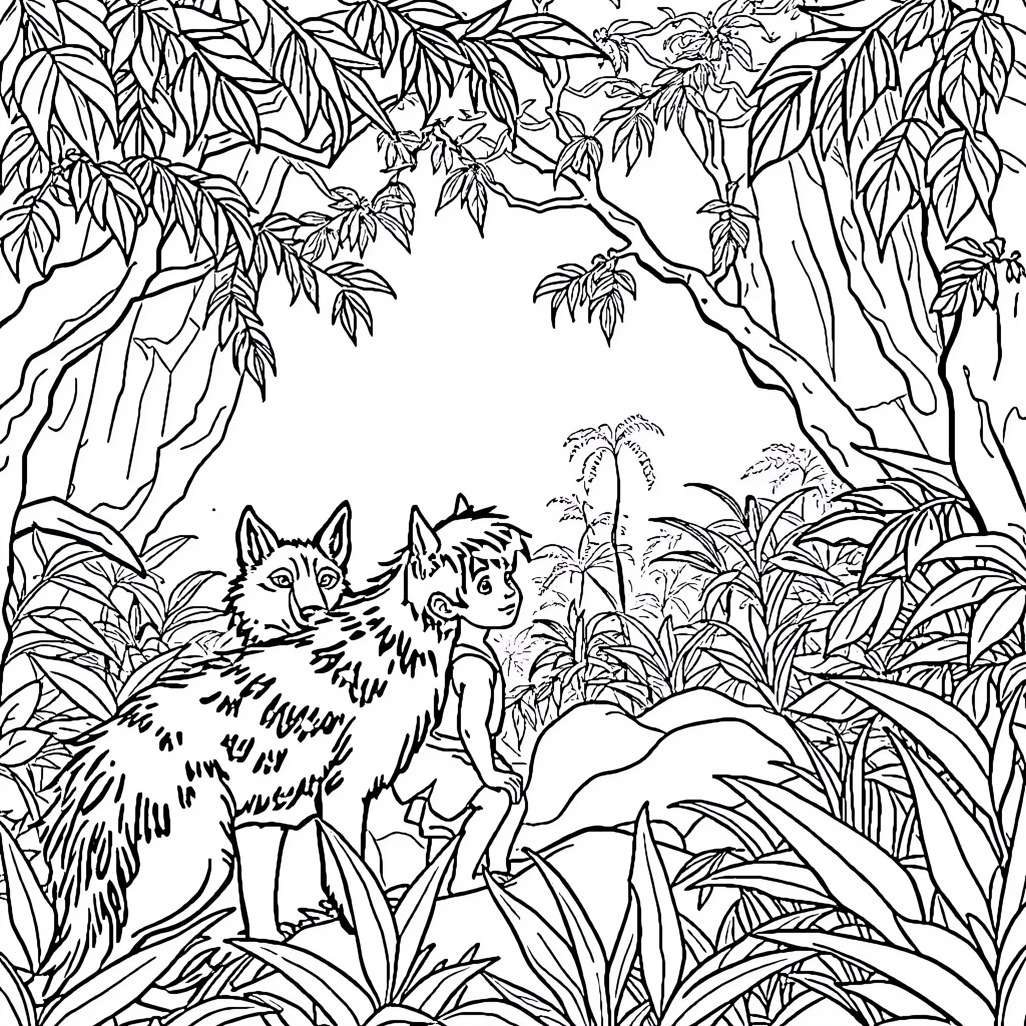 Mowgli exploring the lush jungle with wild animals Coloring Page (free black-and-white line drawing printable PDF for all, from beginners to advanced learners, including children, teens, adults, and seniors)