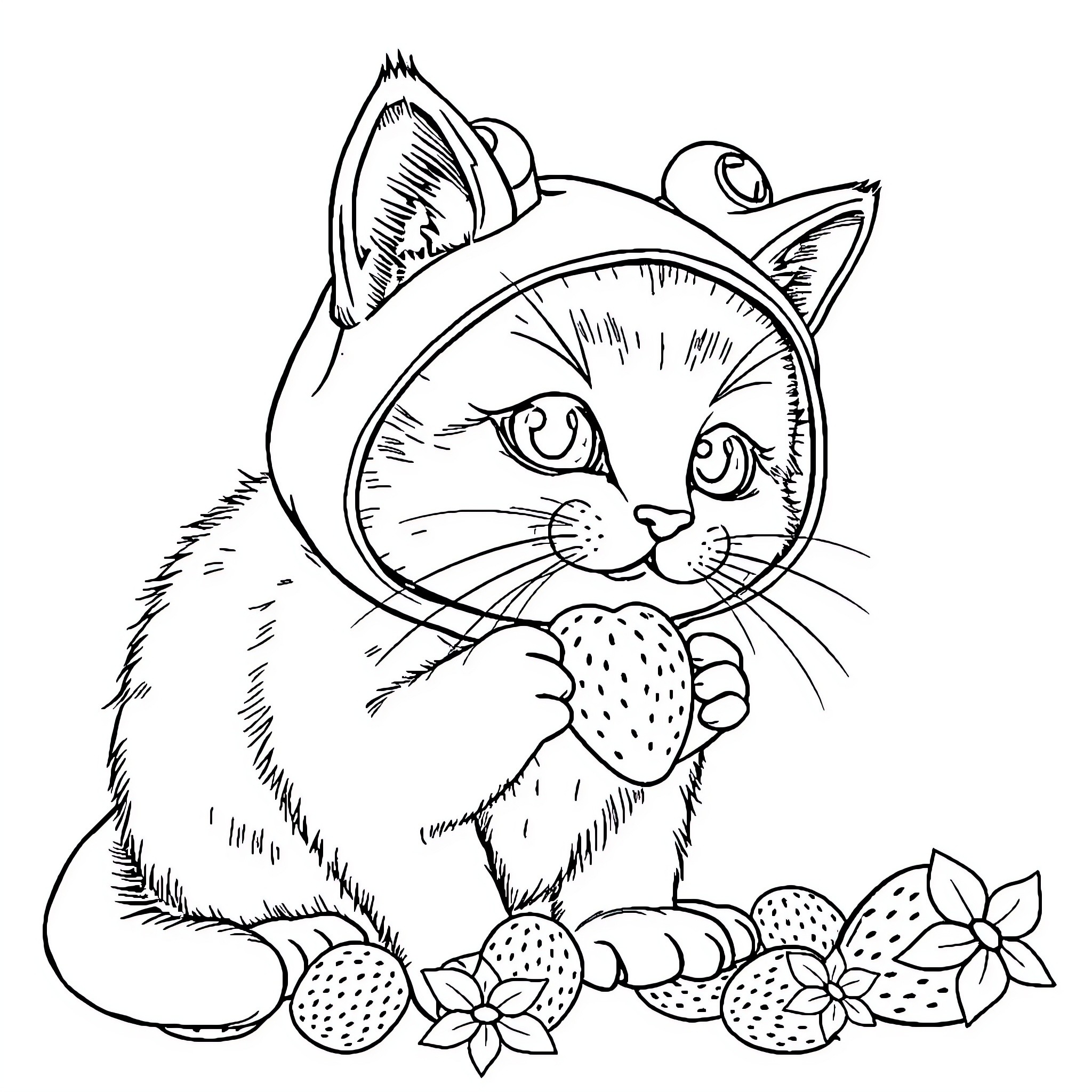 Cat enjoying strawberries with floral accents Coloring Page (free black-and-white line drawing printable PDF for all, from beginners to advanced learners, including children, teens, adults, and seniors)