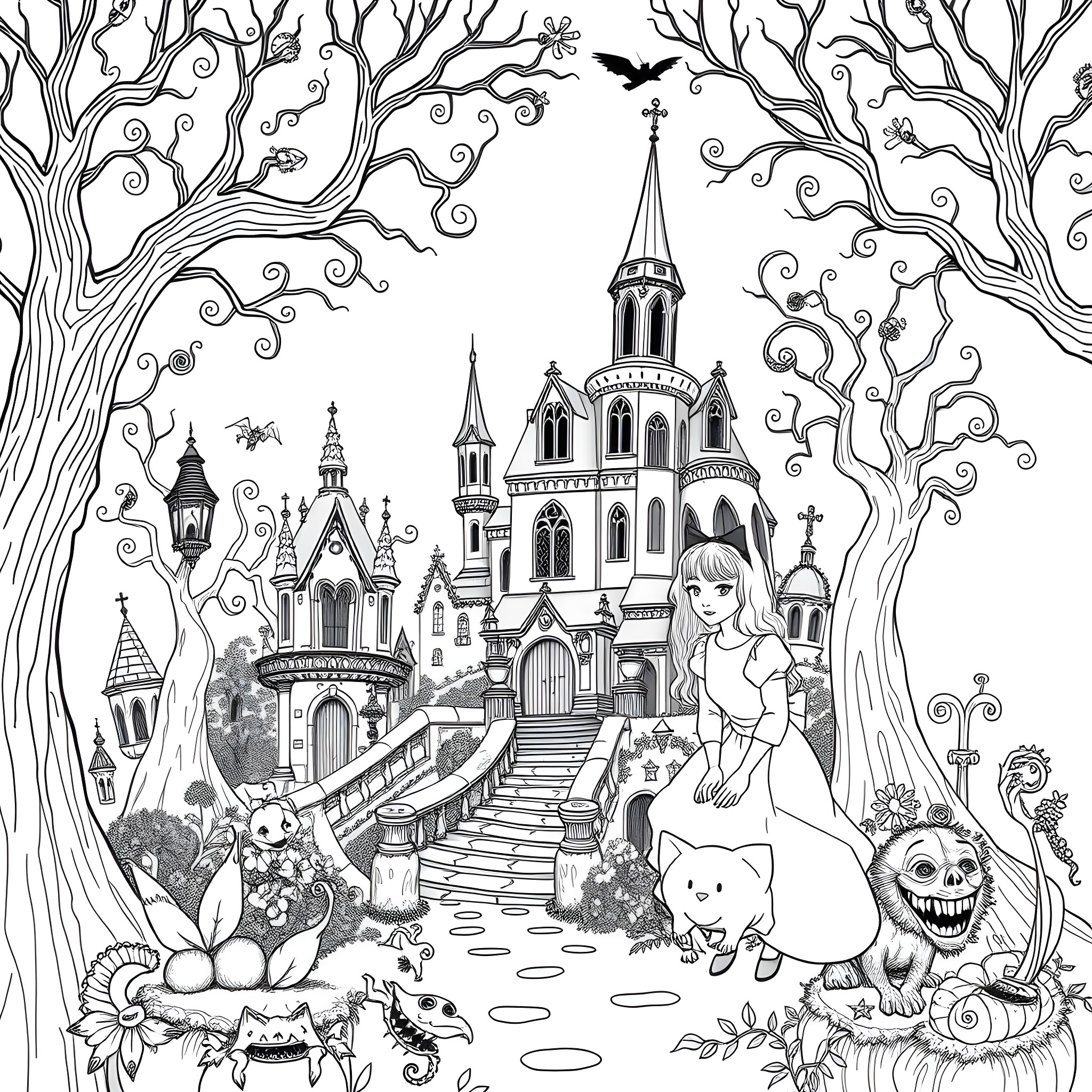 Alice's Enchanting Fairytale Adventure Coloring Page (free black-and-white line drawing printable PDF for all, from beginners to advanced learners, including children, teens, adults, and seniors)
