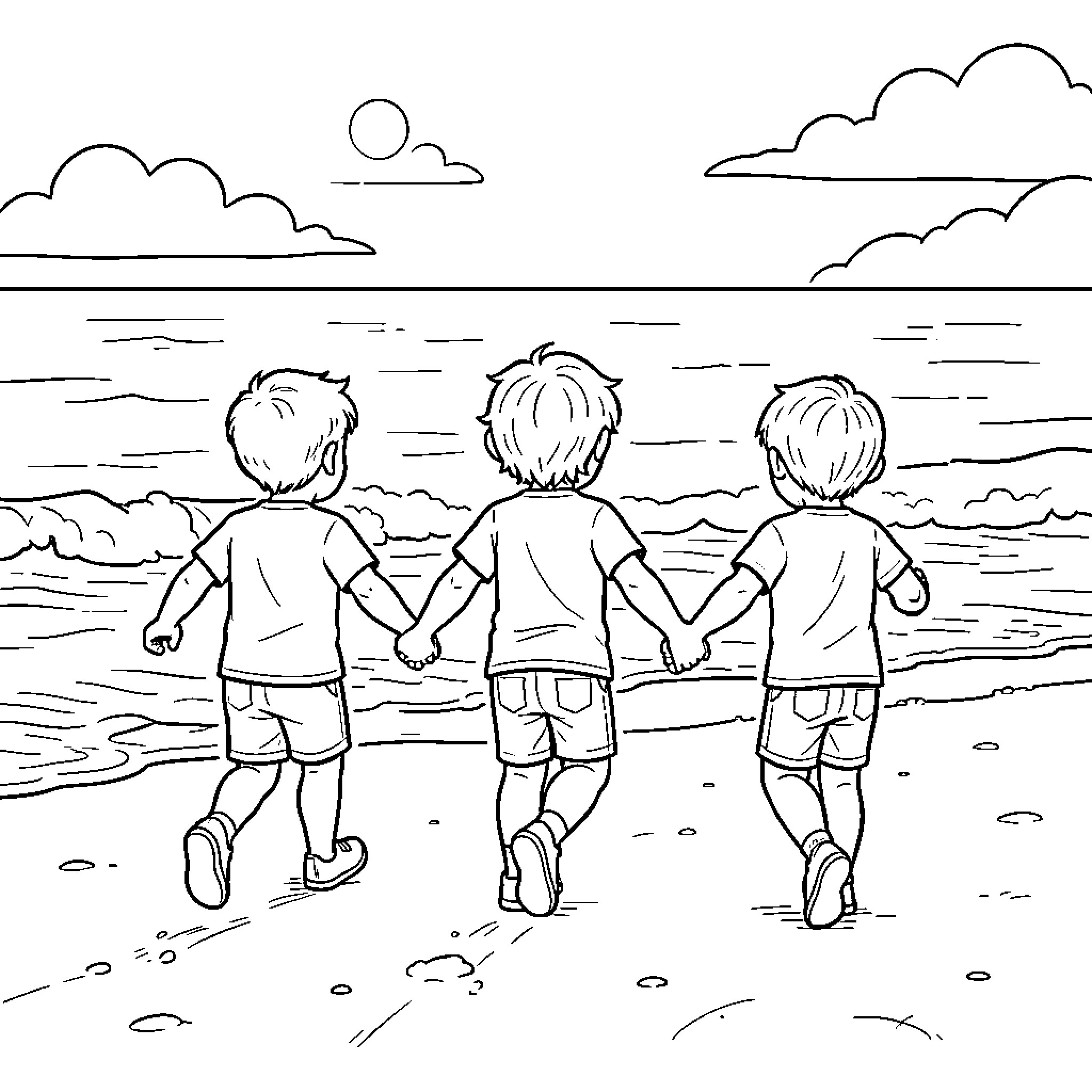 Enfant walking hand in hand along the seashore Coloring Page (free black-and-white line drawing printable PDF for all, from beginners to advanced learners, including children, teens, adults, and seniors)