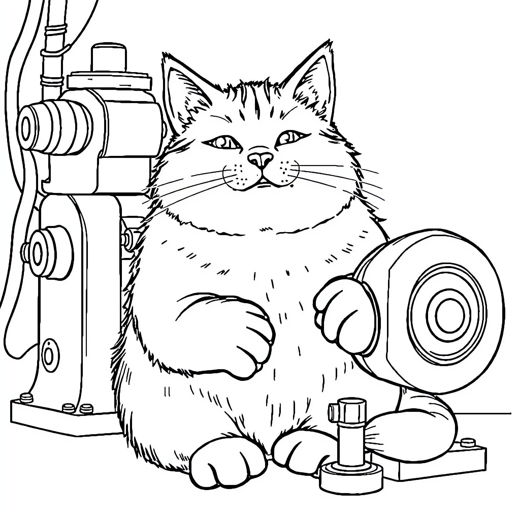 Cat playing with mechanical parts Coloring Page (free black-and-white line drawing printable PDF for all, from beginners to advanced learners, including children, teens, adults, and seniors)