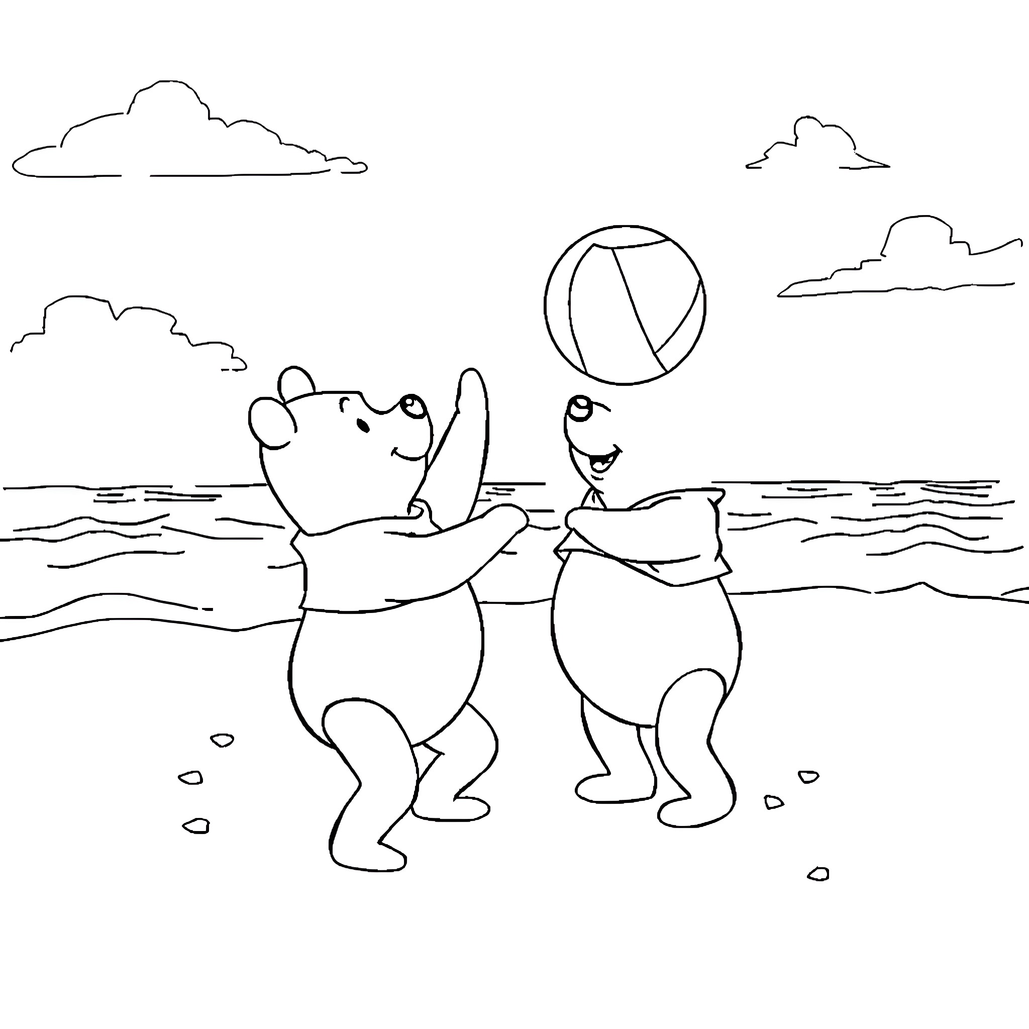 Winnie The Pooh and Friends Playing with Beach Ball Coloring Page (free black-and-white line drawing printable PDF for all, from beginners to advanced learners, including children, teens, adults, and seniors)