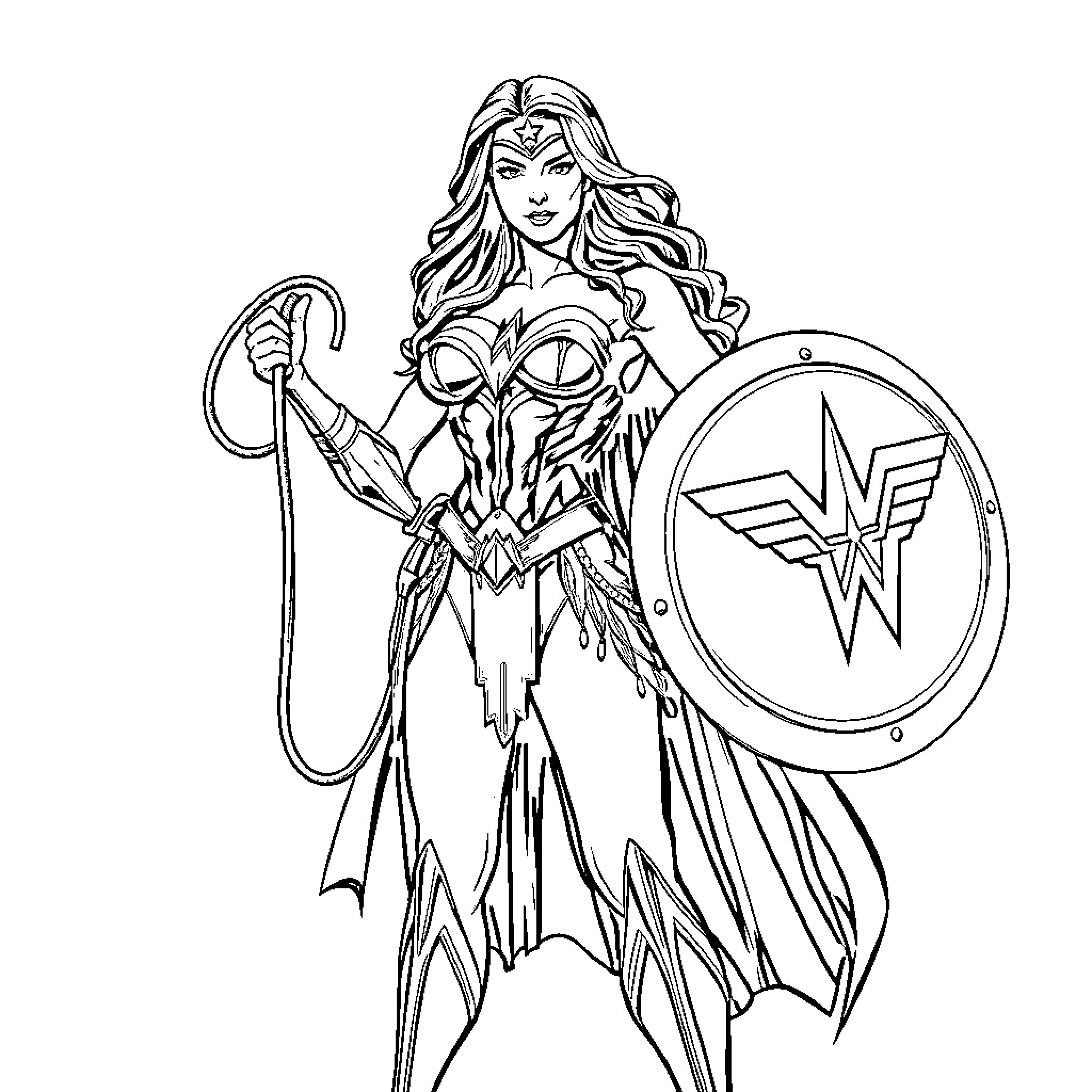 Wonder Woman in heroic battle pose Coloring Page (free black-and-white line drawing printable PDF for all, from beginners to advanced learners, including children, teens, adults, and seniors)