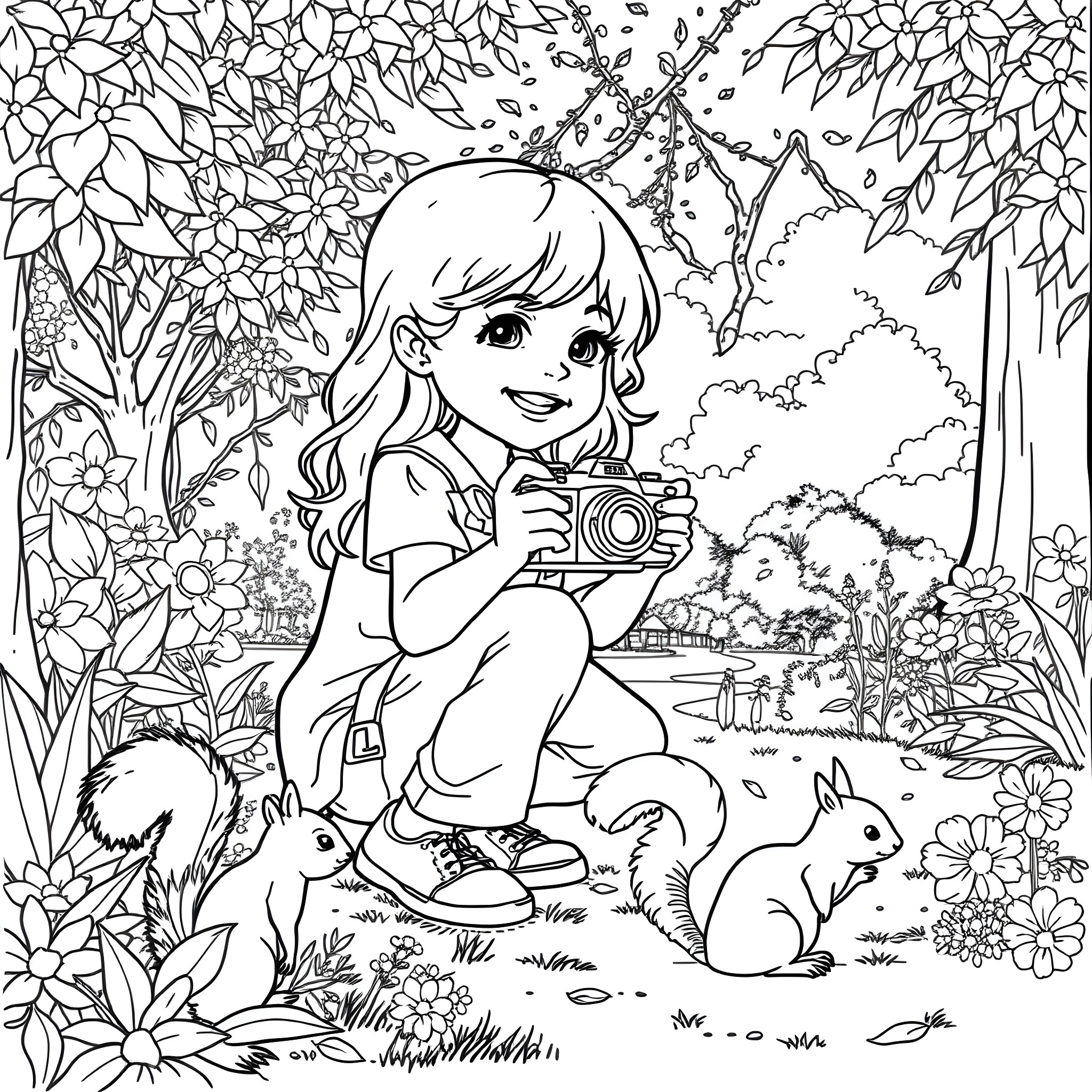 Kid exploring nature with camera and animal friends Coloring Page (free black-and-white line drawing printable PDF for all, from beginners to advanced learners, including children, teens, adults, and seniors)