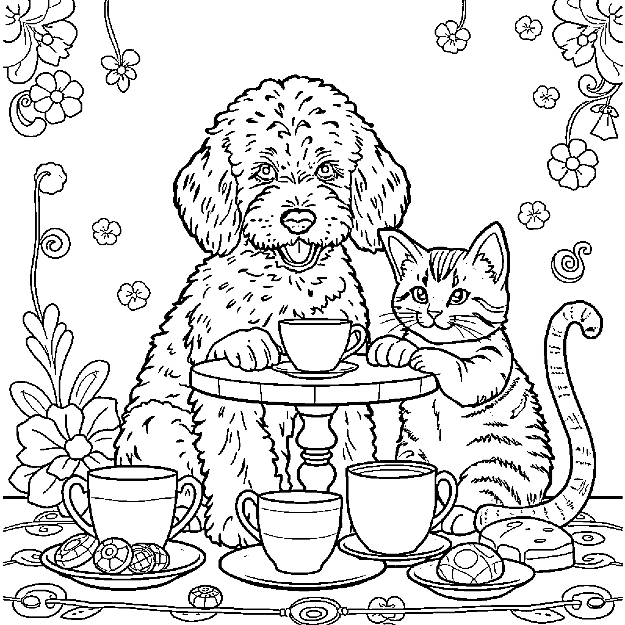Doodle of pets enjoying teatime with treats Coloring Page (free black-and-white line drawing printable PDF for all, from beginners to advanced learners, including children, teens, adults, and seniors)
