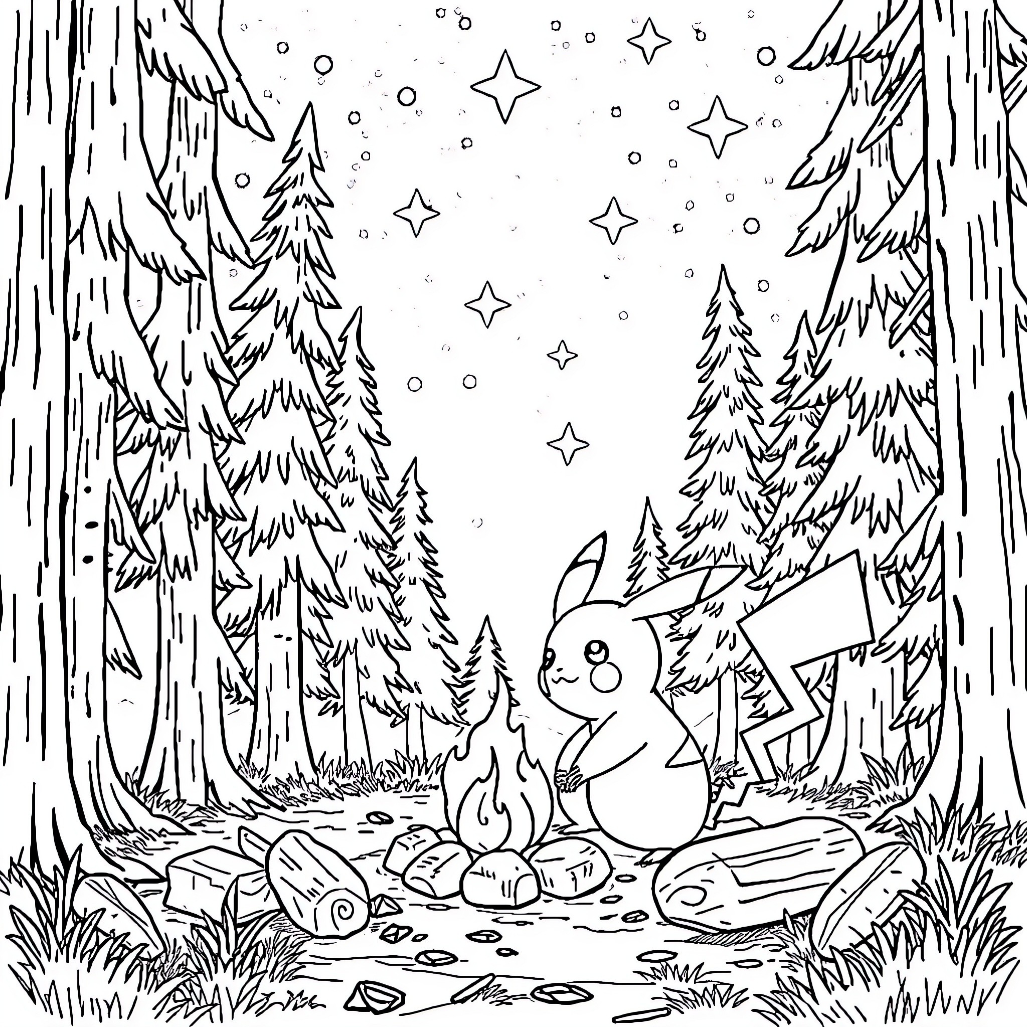 Pikachu enjoying a snowy night in the forest Coloring Page (free black-and-white line drawing printable PDF for all, from beginners to advanced learners, including children, teens, adults, and seniors)