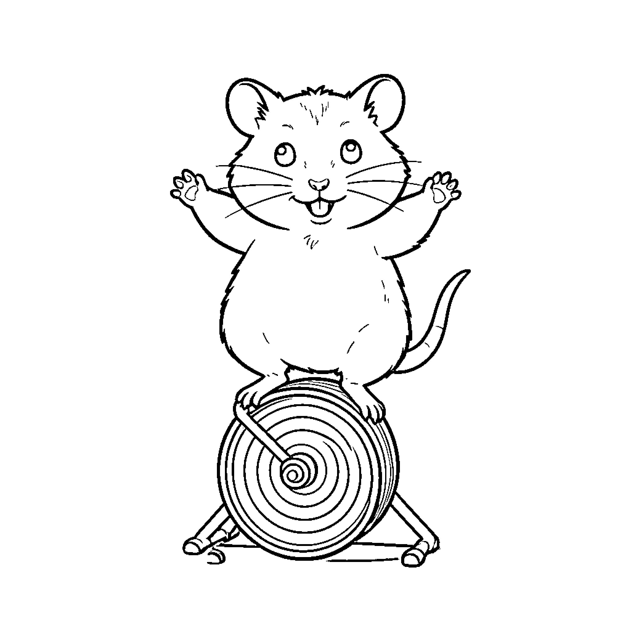 Hamster standing happily on a running wheel Coloring Page (free black-and-white line drawing printable PDF for all, from beginners to advanced learners, including children, teens, adults, and seniors)