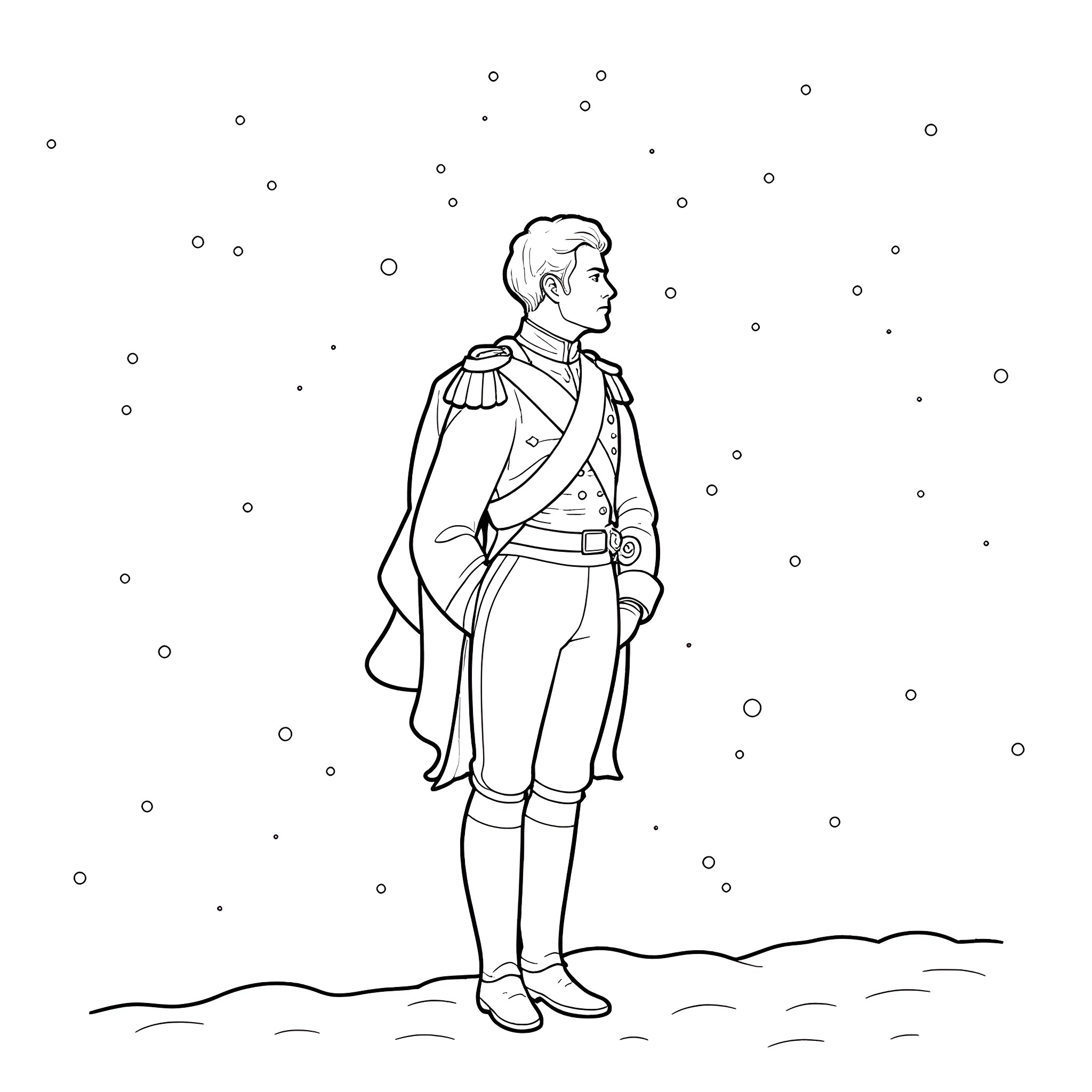 Napoleon in a military uniform standing in the snow Coloring Page (free black-and-white line drawing printable PDF for all, from beginners to advanced learners, including children, teens, adults, and seniors)