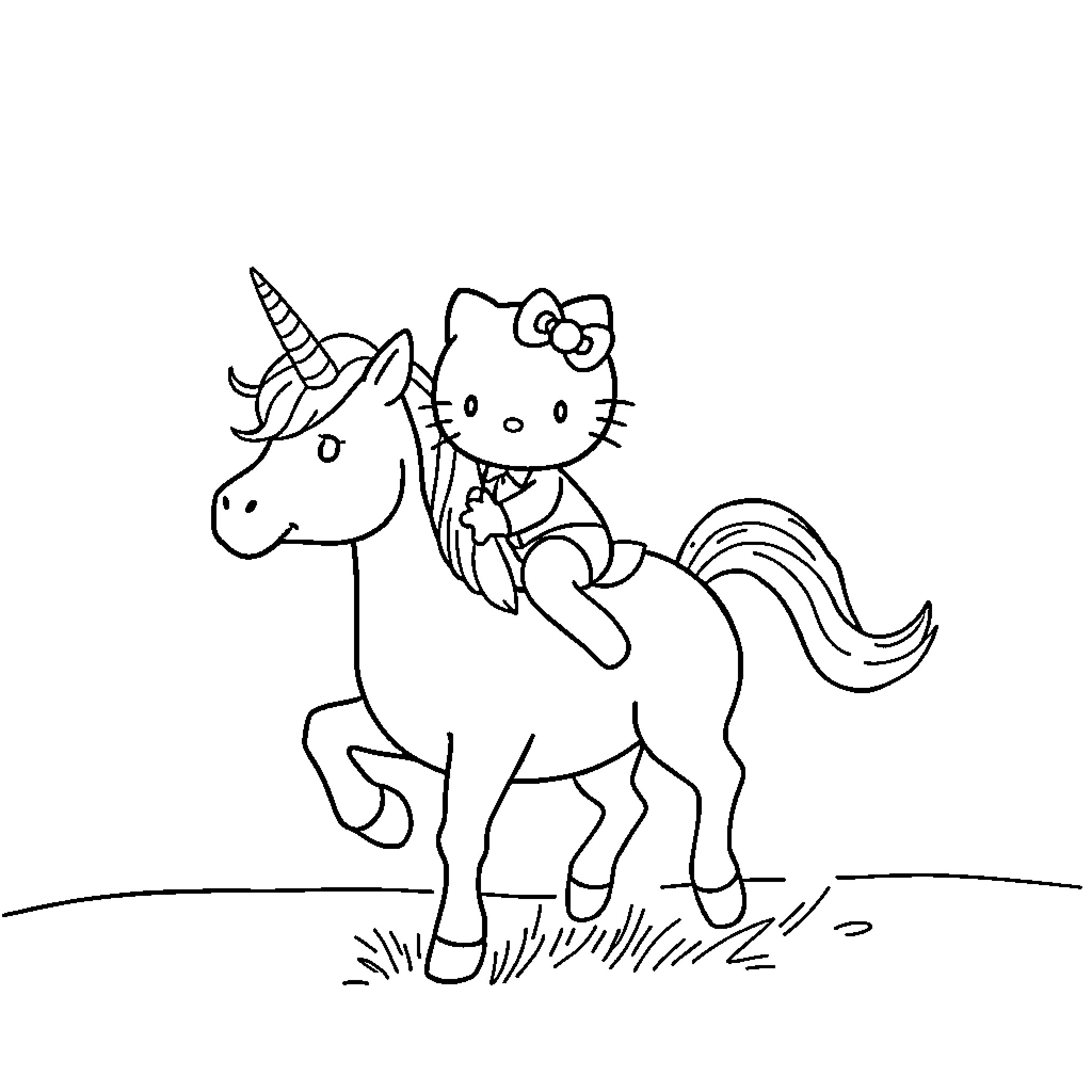 Hello Kitty riding a magical unicorn Coloring Page (free black-and-white line drawing printable PDF for all, from beginners to advanced learners, including children, teens, adults, and seniors)