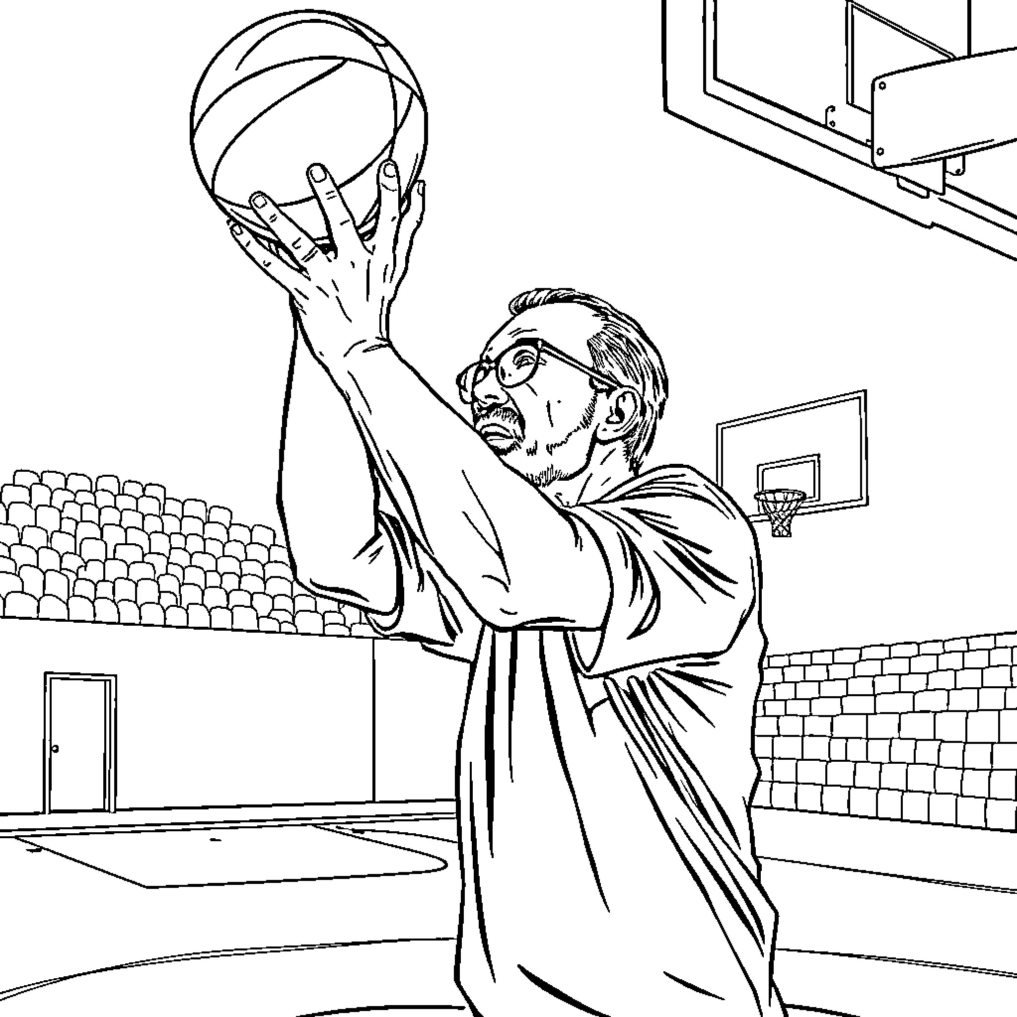 Walter White playing basketball in school gym Coloring Page (free black-and-white line drawing printable PDF for all, from beginners to advanced learners, including children, teens, adults, and seniors)