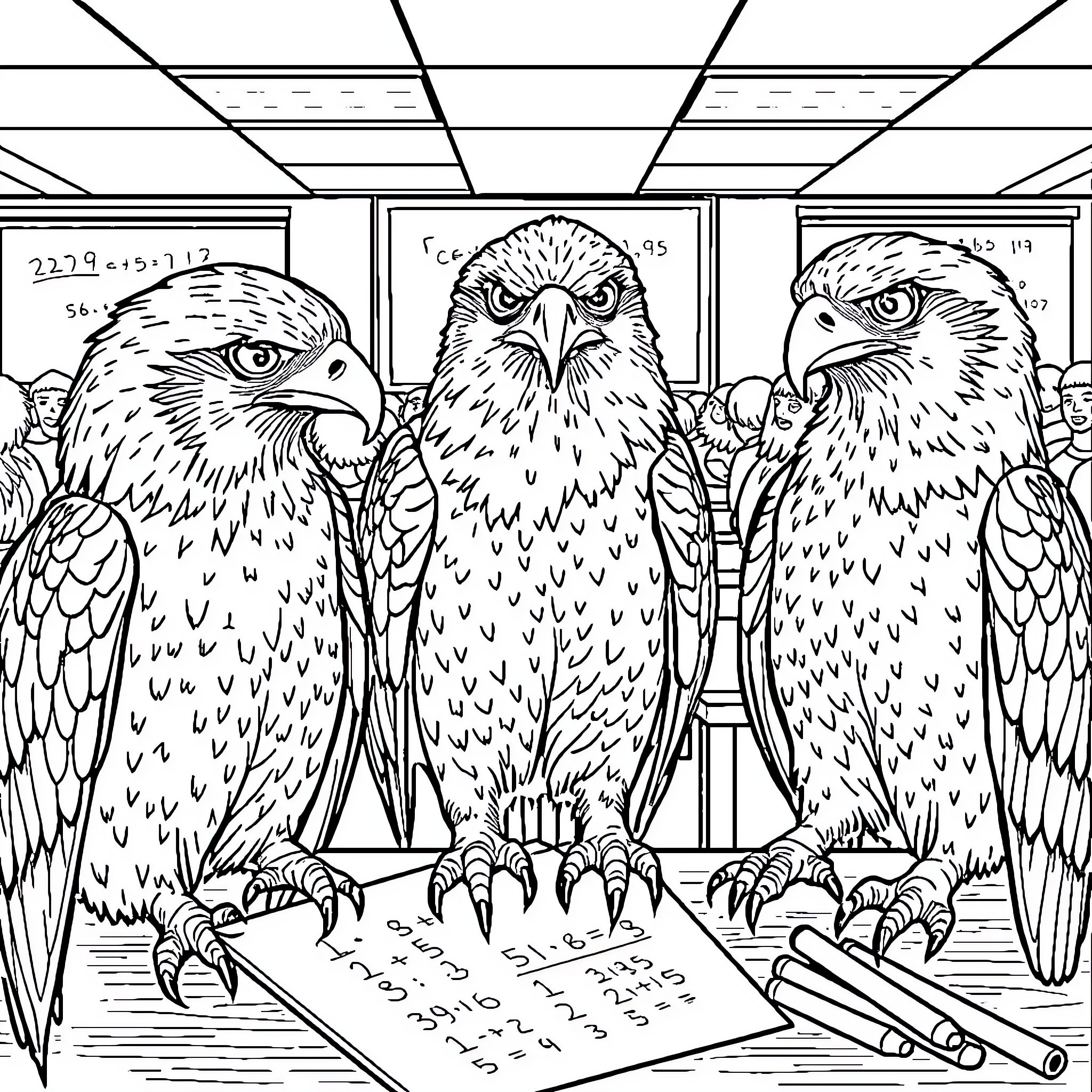 Hawk Researchers Examining Charts and Calculations Coloring Page (free black-and-white line drawing printable PDF for all, from beginners to advanced learners, including children, teens, adults, and seniors)