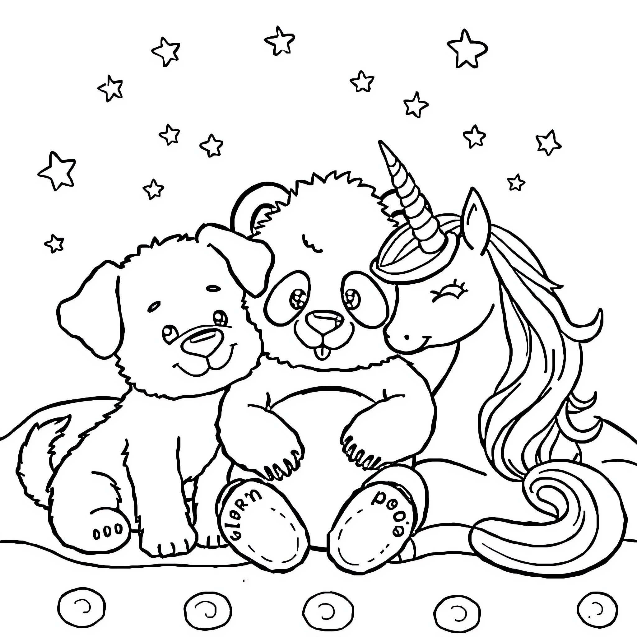 Puppy, unicorn, and dog playing among the stars Coloring Page (free black-and-white line drawing printable PDF for all, from beginners to advanced learners, including children, teens, adults, and seniors)