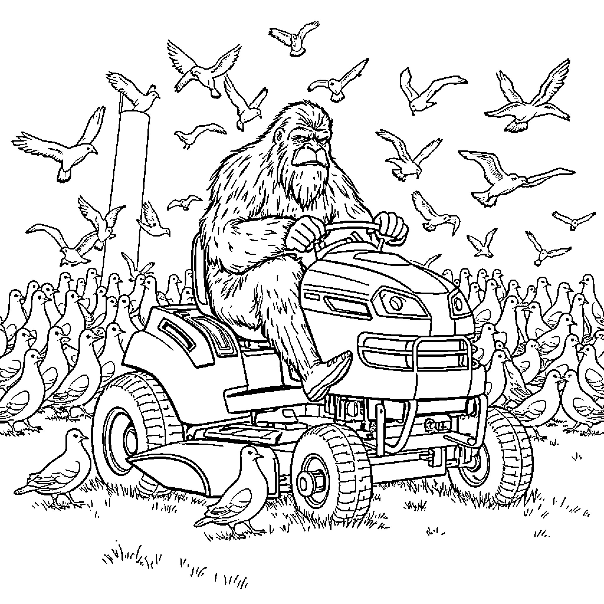 Bigfoot riding a lawnmower with birds surrounding Coloring Page (free black-and-white line drawing printable PDF for all, from beginners to advanced learners, including children, teens, adults, and seniors)