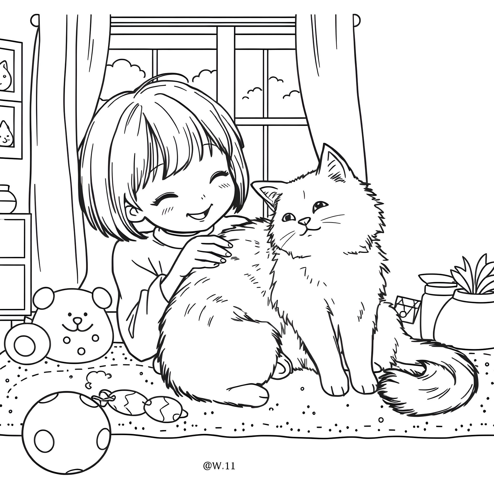 Girl Playing Happily with Furry Pet Cat Coloring Page (free black-and-white line drawing printable PDF for all, from beginners to advanced learners, including children, teens, adults, and seniors)