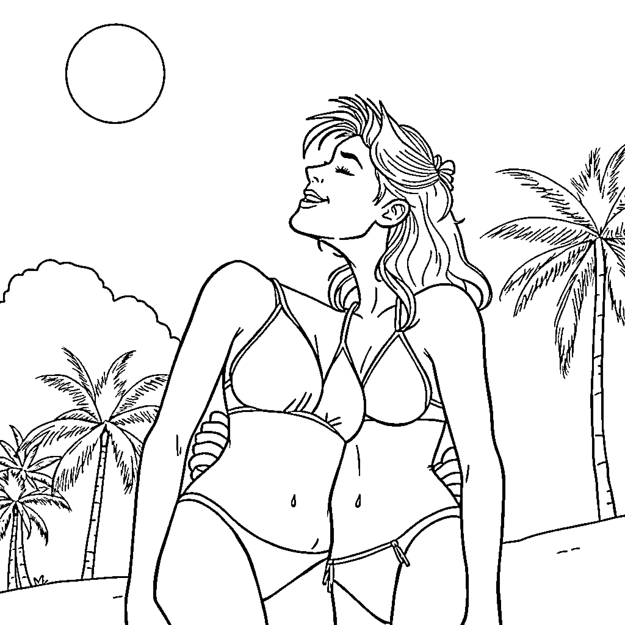 Girl enjoying the sunny beach Coloring Page (free black-and-white line drawing printable PDF for all, from beginners to advanced learners, including children, teens, adults, and seniors)