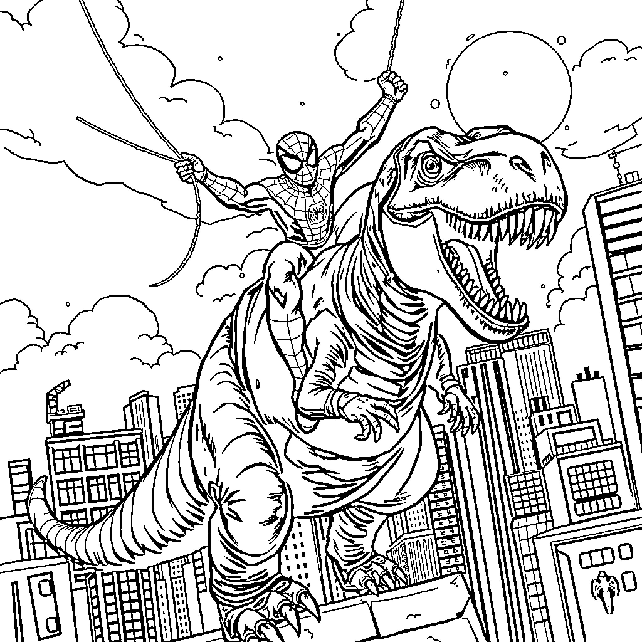 Spiderman swinging through the city fighting a giant dinosaur Coloring Page (free black-and-white line drawing printable PDF for all, from beginners to advanced learners, including children, teens, adults, and seniors)