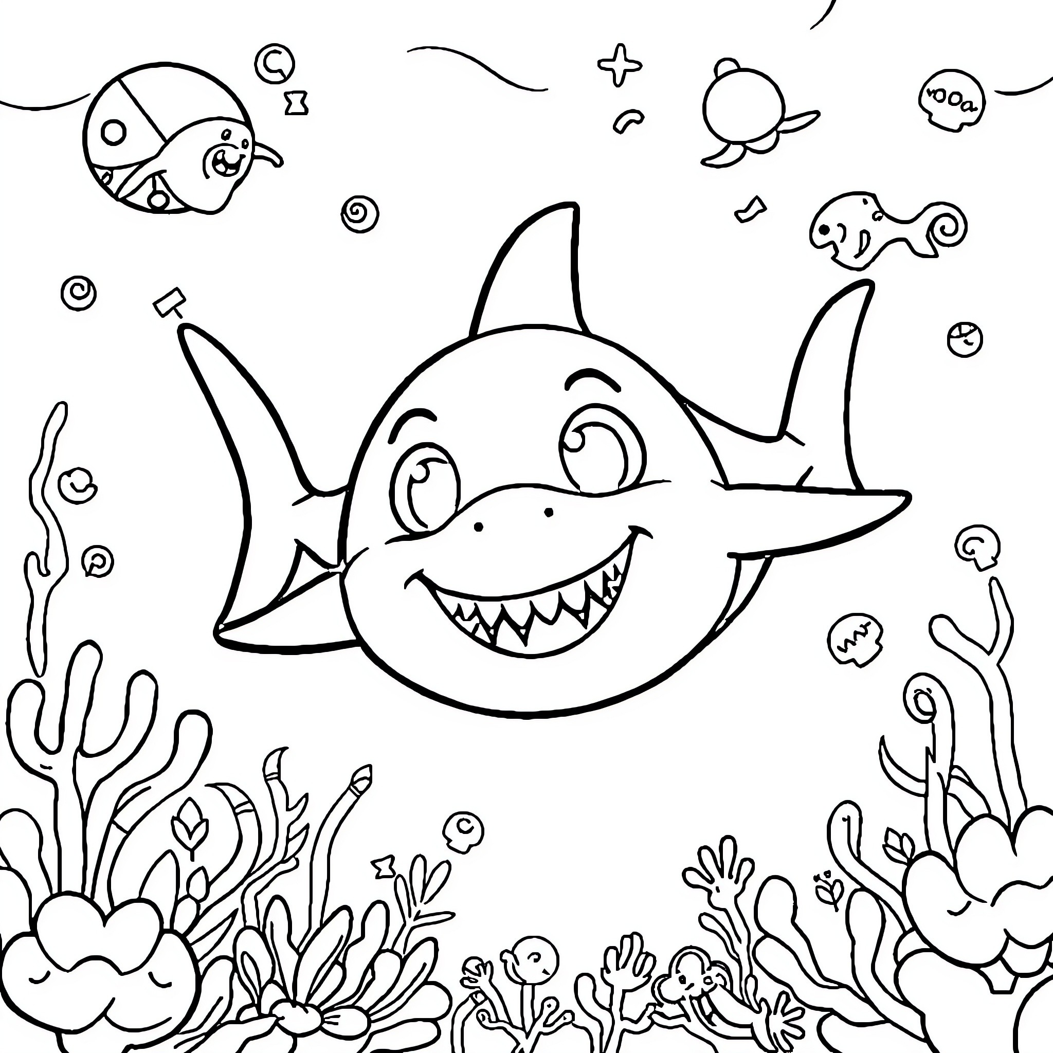 Shark smiling among colorful underwater plants Coloring Page (free black-and-white line drawing printable PDF for all, from beginners to advanced learners, including children, teens, adults, and seniors)