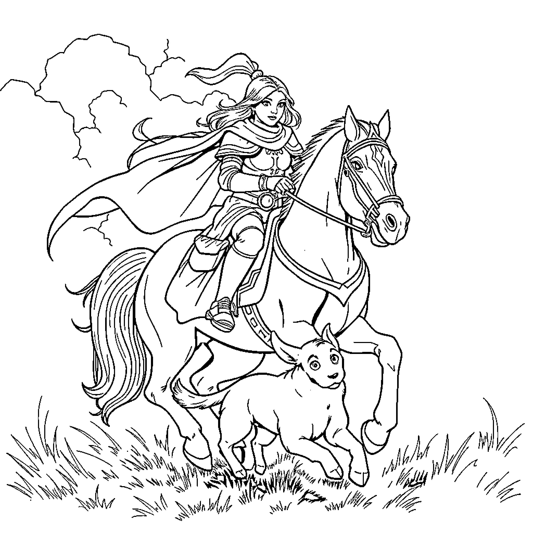 Knight galloping on a horse with a companion dog Coloring Page (free black-and-white line drawing printable PDF for all, from beginners to advanced learners, including children, teens, adults, and seniors)