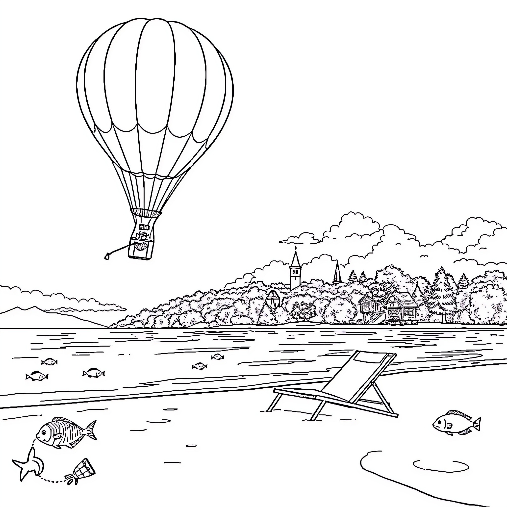 Parachute over the scenic lakeside town Coloring Page (free black-and-white line drawing printable PDF for all, from beginners to advanced learners, including children, teens, adults, and seniors)