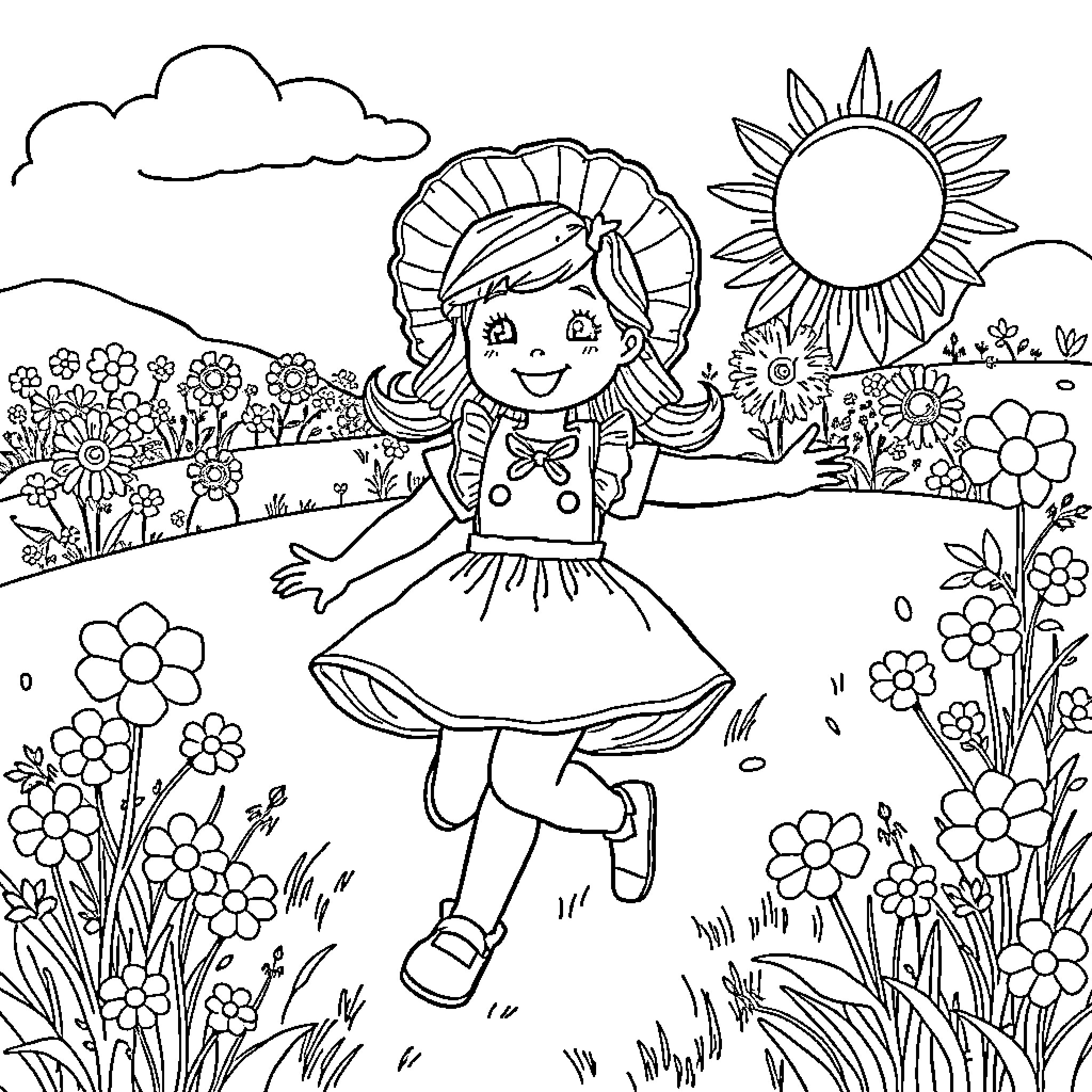 Sunbonnet Sue enjoying a sunny day in the garden Coloring Page (free black-and-white line drawing printable PDF for all, from beginners to advanced learners, including children, teens, adults, and seniors)