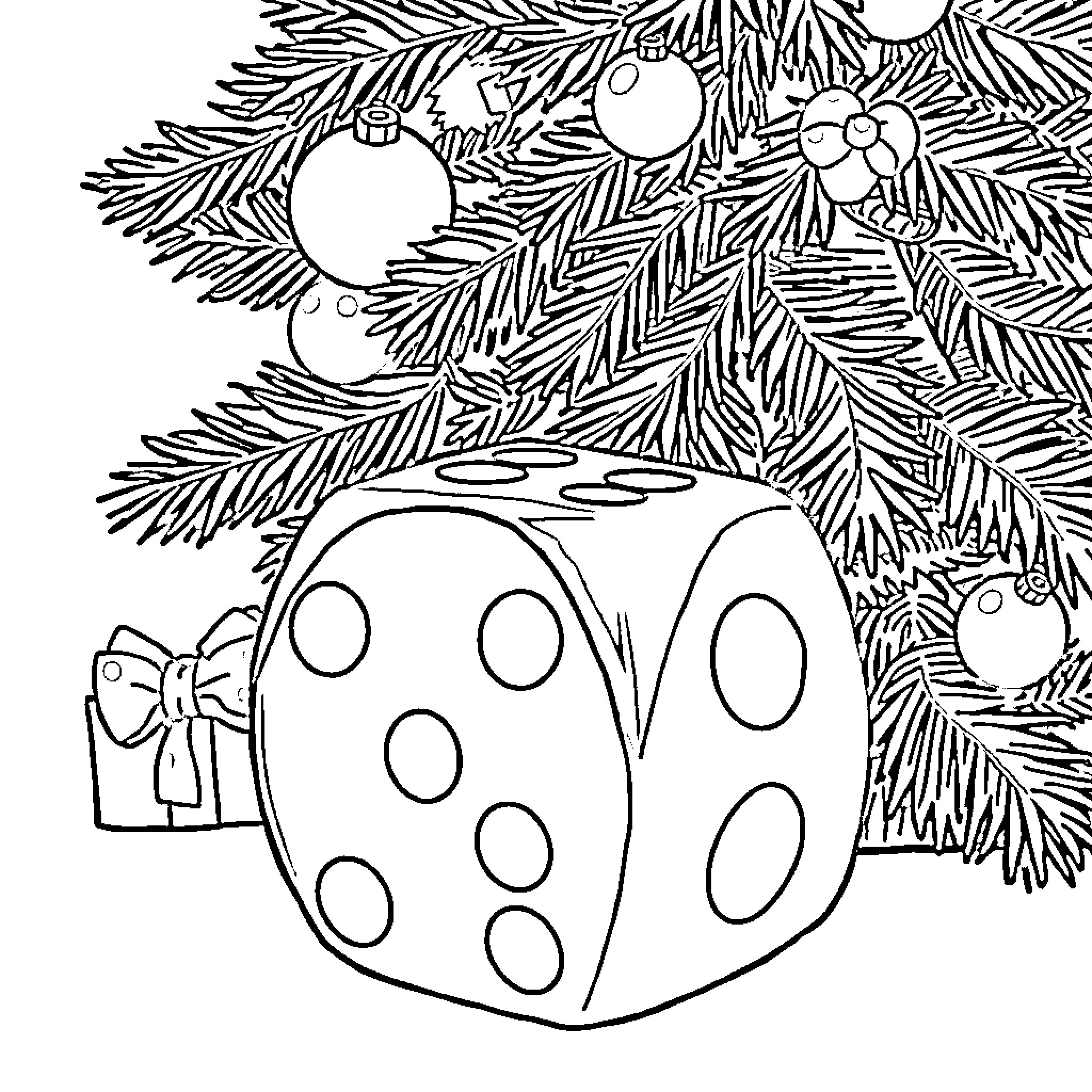 d20 dice ornaments in festive holiday scene Coloring Page (free black-and-white line drawing printable PDF for all, from beginners to advanced learners, including children, teens, adults, and seniors)