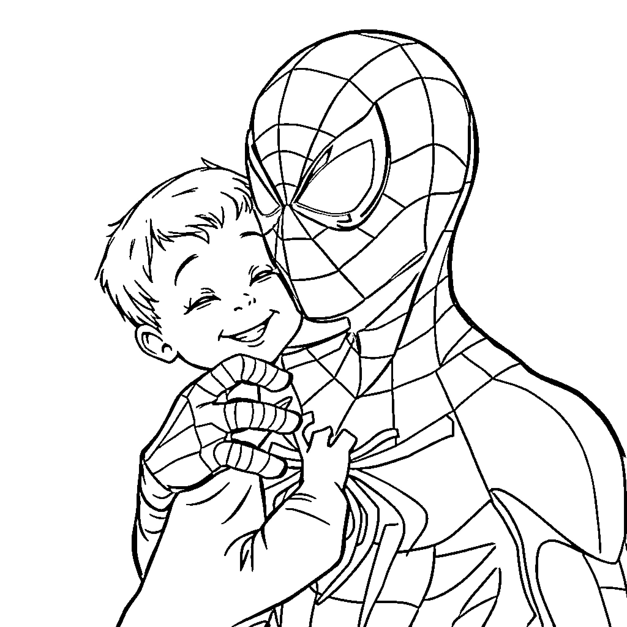 Spiderman cuddling a smiling young boy Coloring Page (free black-and-white line drawing printable PDF for all, from beginners to advanced learners, including children, teens, adults, and seniors)