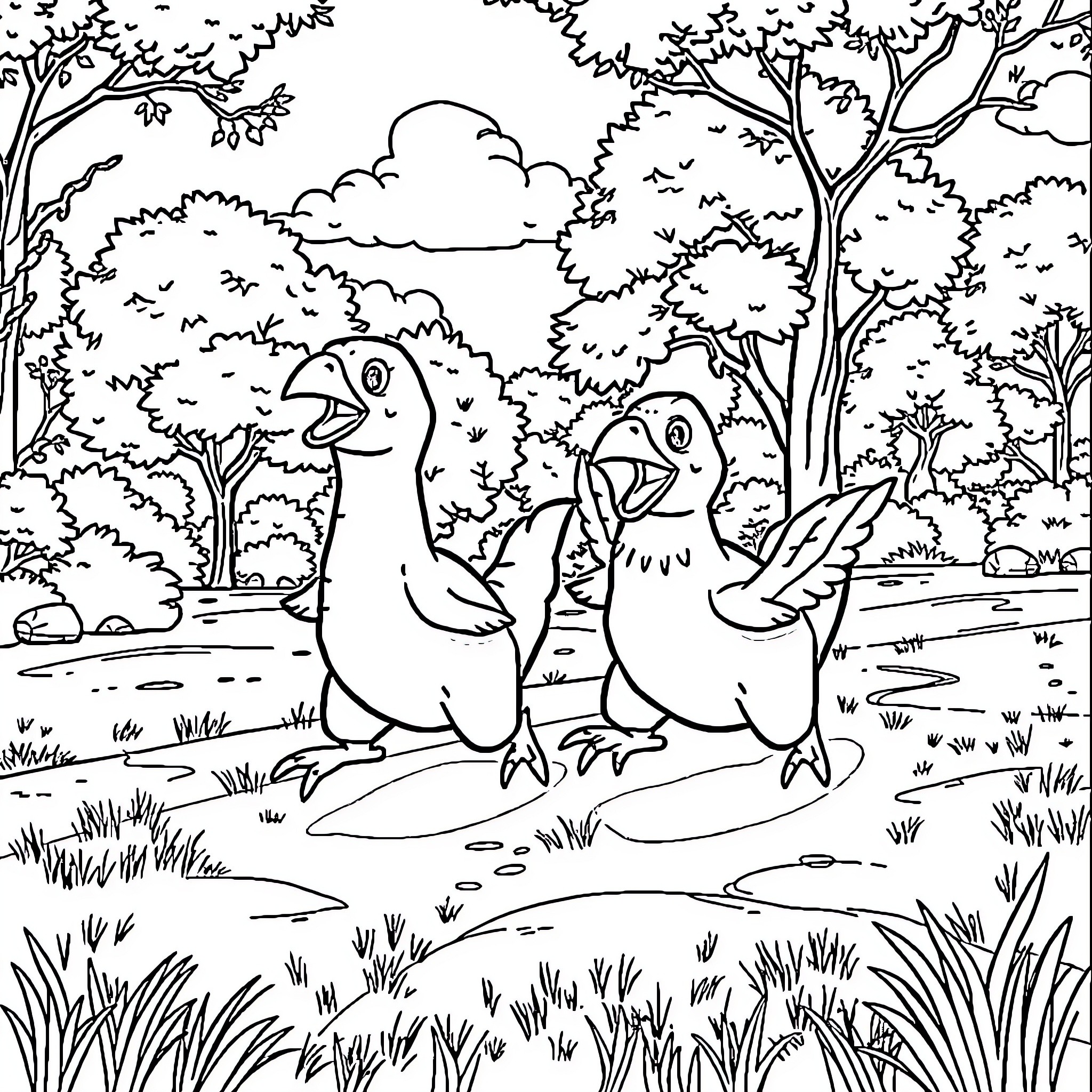 Dinosaur friends exploring the lush forest Coloring Page (free black-and-white line drawing printable PDF for all, from beginners to advanced learners, including children, teens, adults, and seniors)