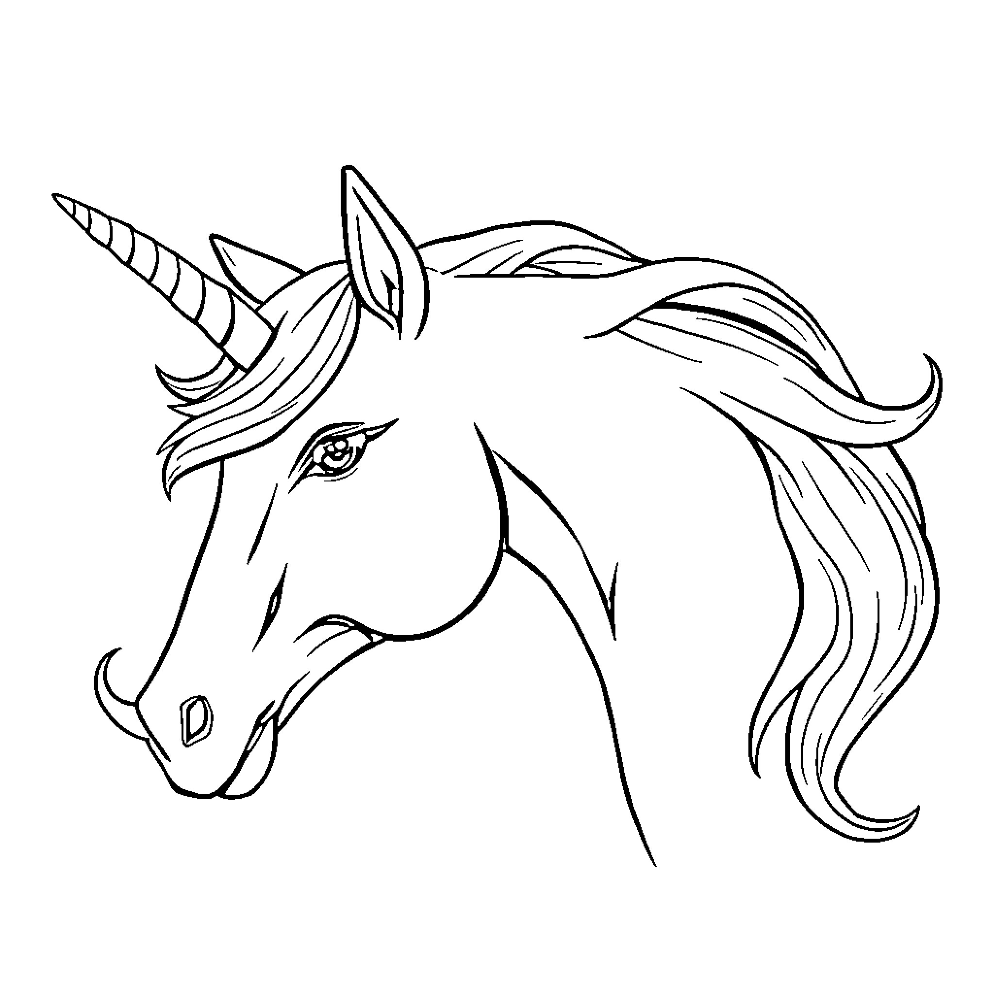 Unicorn with flowing mane and horn Coloring Page (free black-and-white line drawing printable PDF for all, from beginners to advanced learners, including children, teens, adults, and seniors)