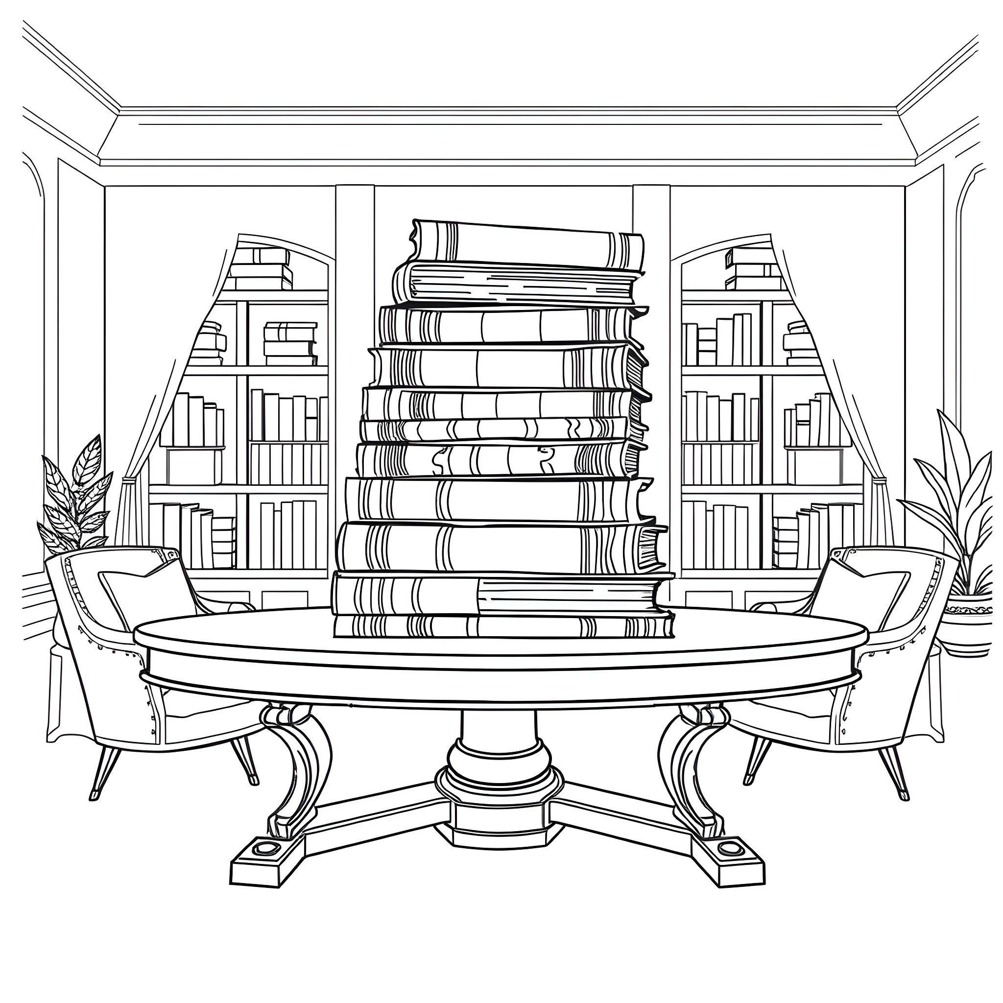 Book filled study room with towering bookshelves Coloring Page (free black-and-white line drawing printable PDF for all, from beginners to advanced learners, including children, teens, adults, and seniors)