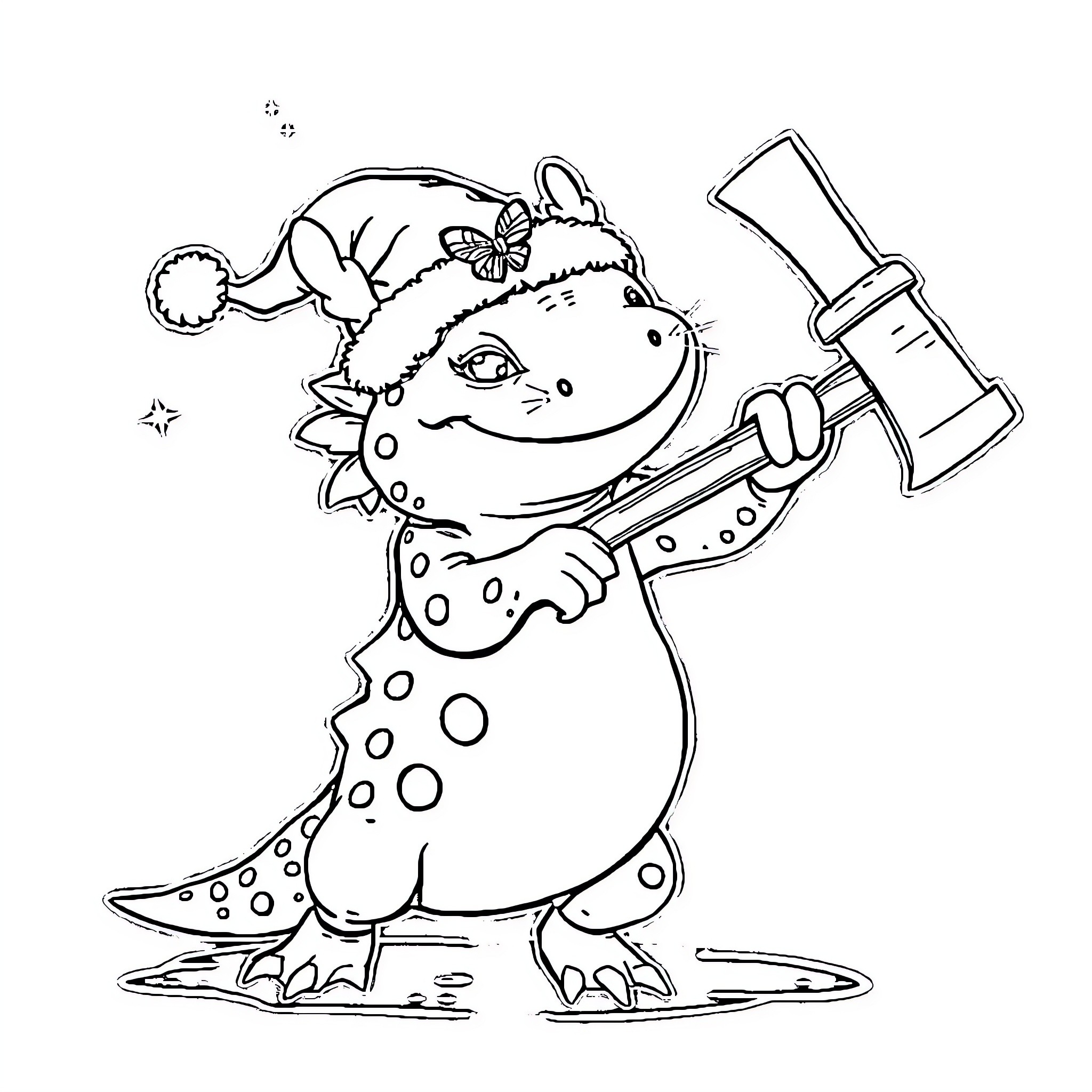 Axolotl in festive attire holding a tool Coloring Page (free black-and-white line drawing printable PDF for all, from beginners to advanced learners, including children, teens, adults, and seniors)