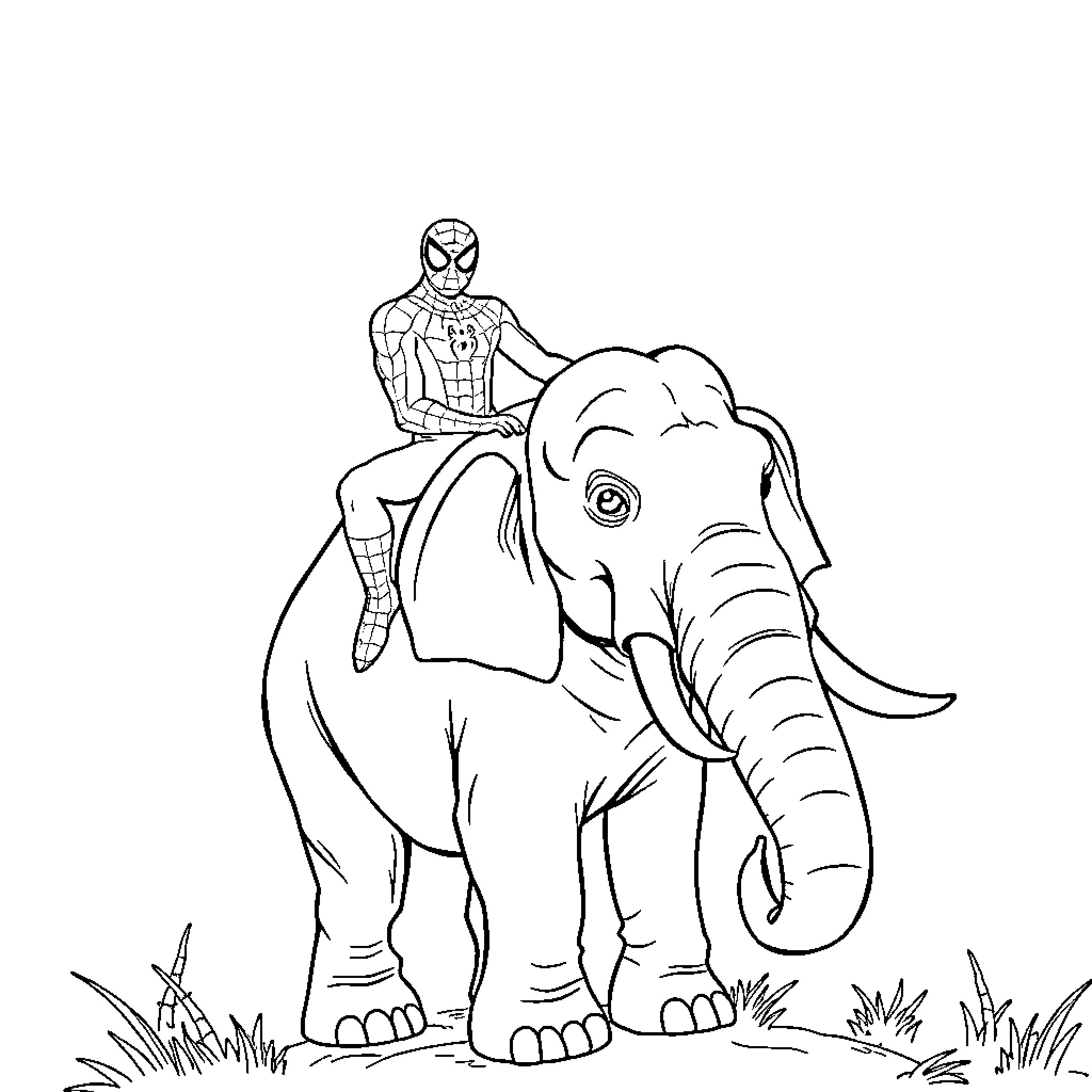 Spiderman riding a friendly elephant in the wild Coloring Page (free black-and-white line drawing printable PDF for all, from beginners to advanced learners, including children, teens, adults, and seniors)