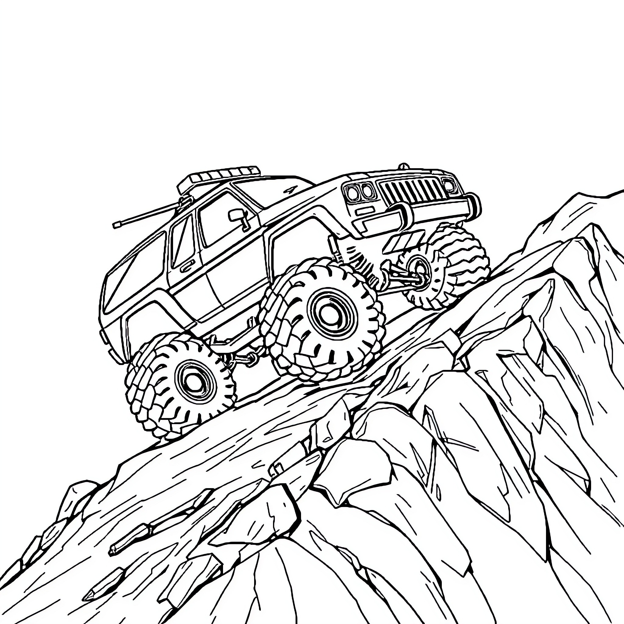 Monster Car Climbing Over Rocky Terrain Coloring Page (free black-and-white line drawing printable PDF for all, from beginners to advanced learners, including children, teens, adults, and seniors)